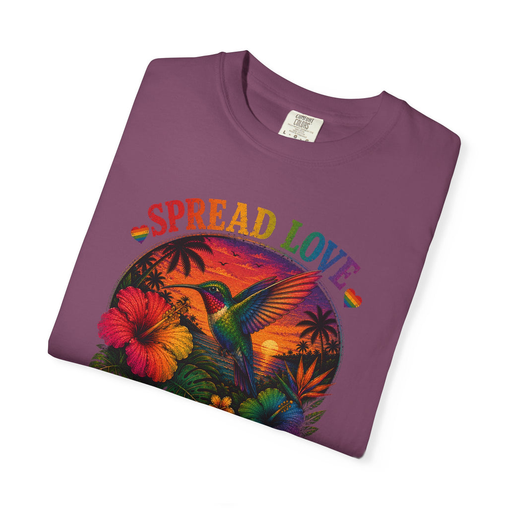 Spread Love T-Shirt — Retro Hummingbird Sunset Floral Tee (Be Kind • Be Proud • Be You)