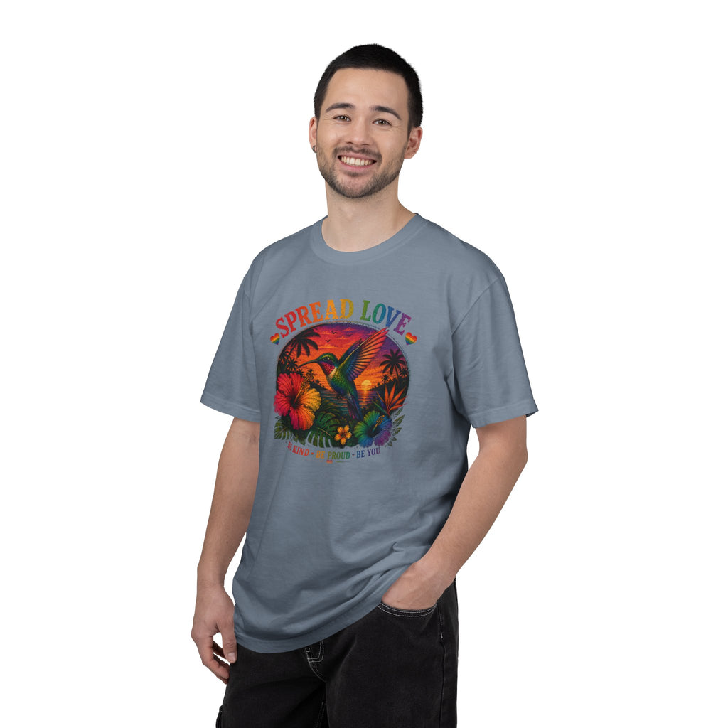 Spread Love T-Shirt — Retro Hummingbird Sunset Floral Tee (Be Kind • Be Proud • Be You)