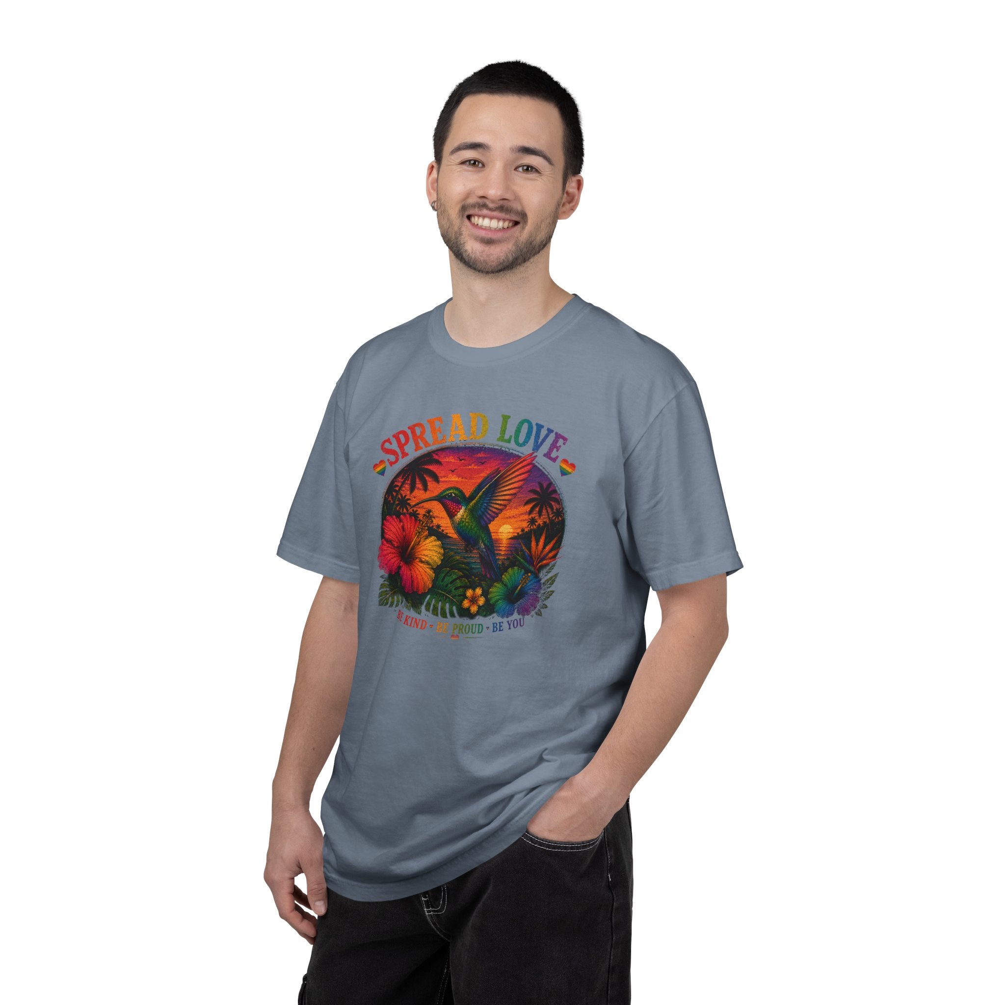 Spread Love T-Shirt — Retro Hummingbird Sunset Floral Tee (Be Kind • Be Proud • Be You)