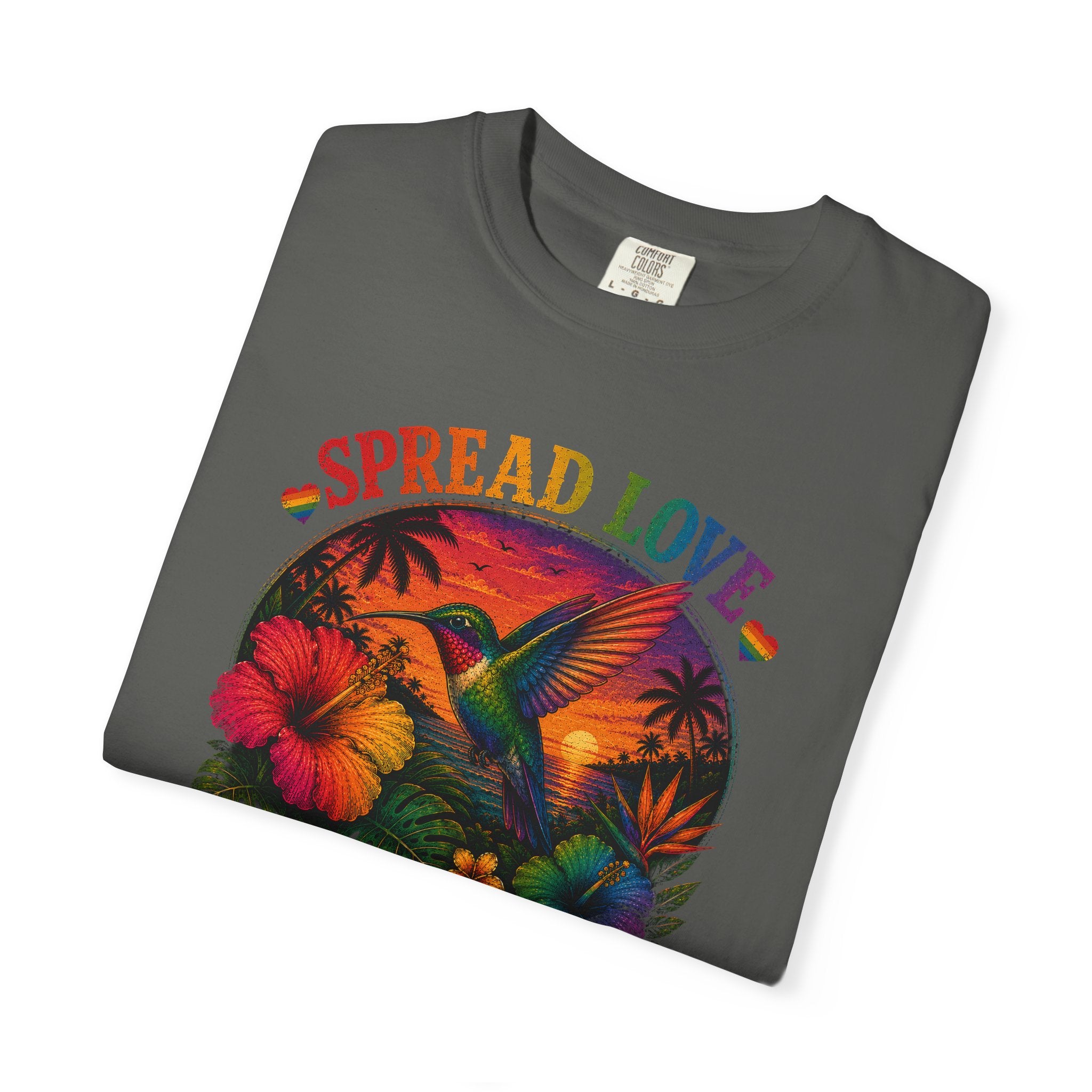 Spread Love T-Shirt — Retro Hummingbird Sunset Floral Tee (Be Kind • Be Proud • Be You)