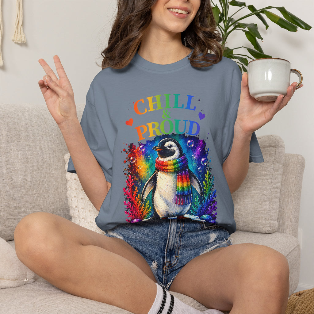 Chill & Proud Penguin T-Shirt — Rainbow LGBTQ+ Pride Tee (Love Knows No Rules)