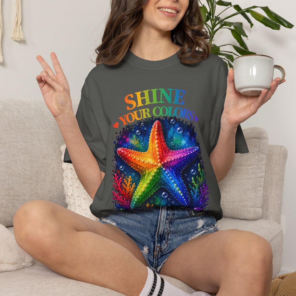 Shine Your Colors Starfish T-Shirt — "Different is Beautiful" Rainbow Ocean Tee