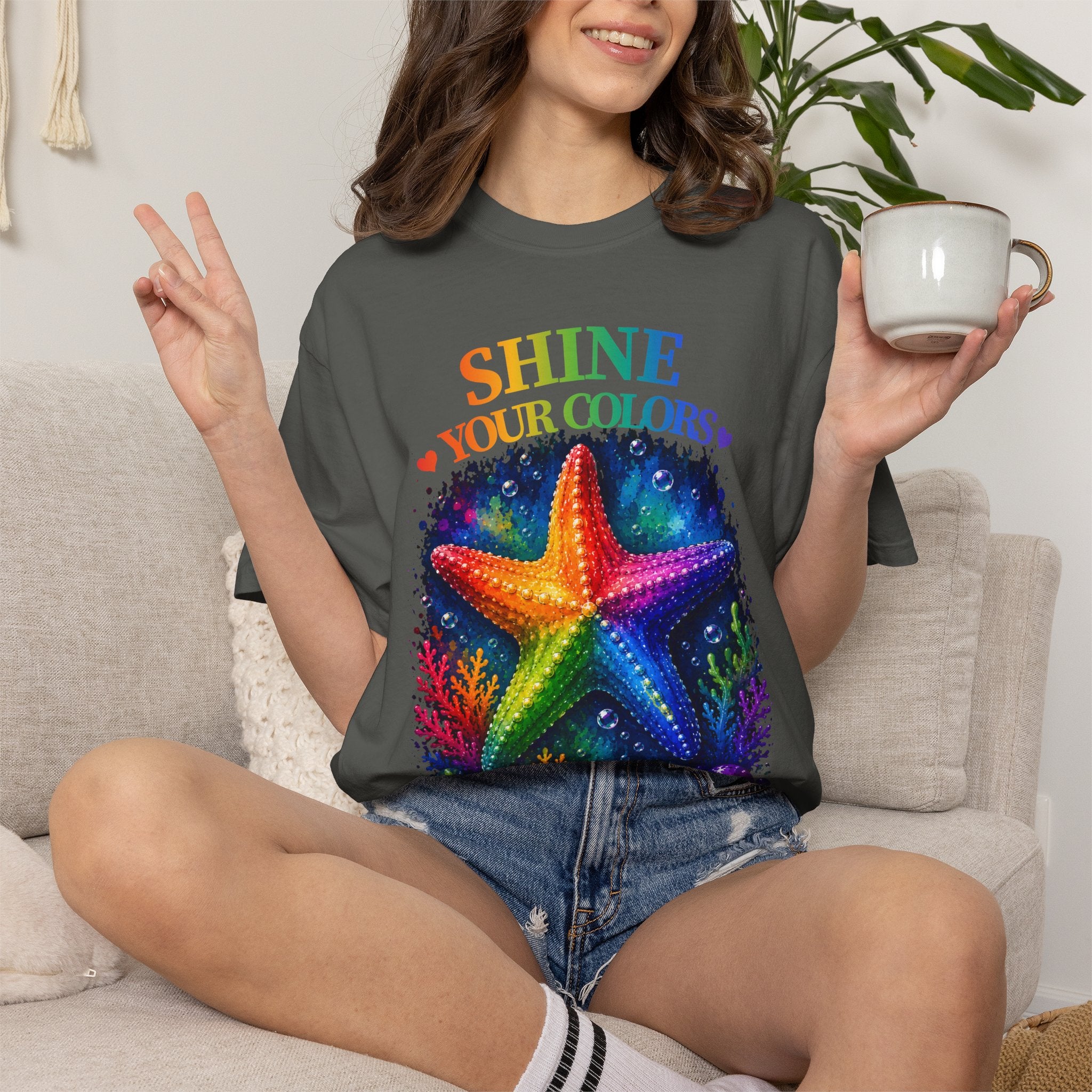 Shine Your Colors Starfish T-Shirt — "Different is Beautiful" Rainbow Ocean Tee