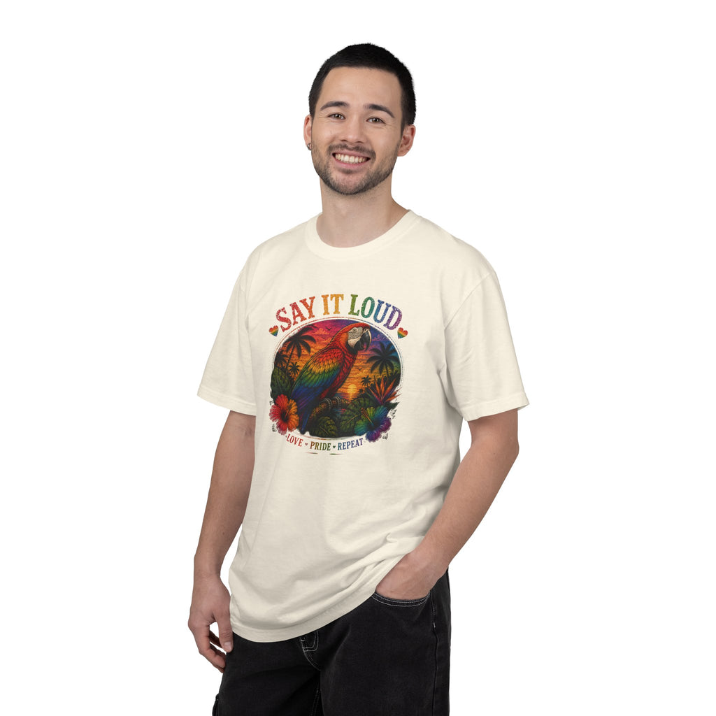Say It Loud Parrot T-Shirt — Tropical Pride "Love • Pride • Repeat"