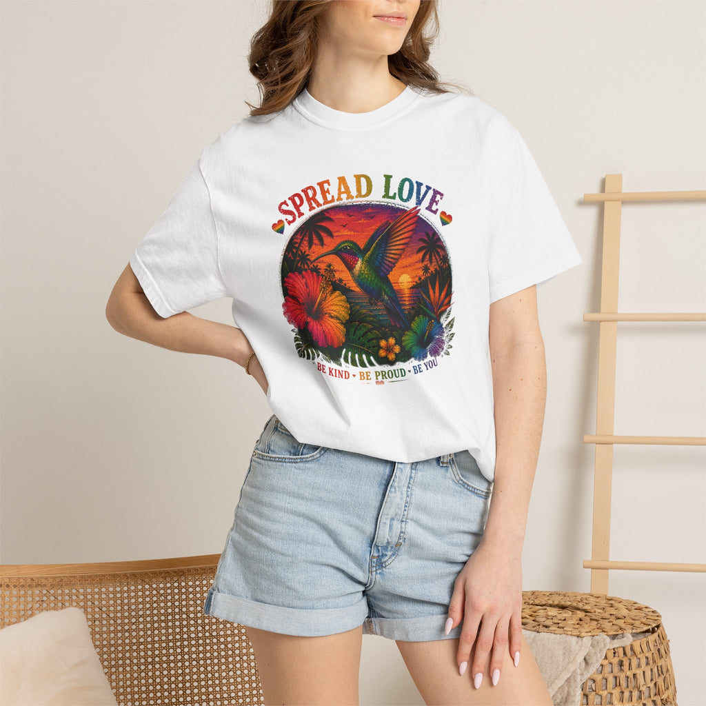 Spread Love T-Shirt — Retro Hummingbird Sunset Floral Tee (Be Kind • Be Proud • Be You)