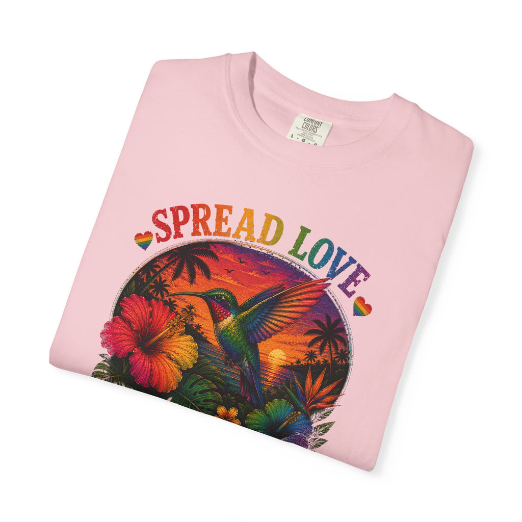 Spread Love T-Shirt — Retro Hummingbird Sunset Floral Tee (Be Kind • Be Proud • Be You)