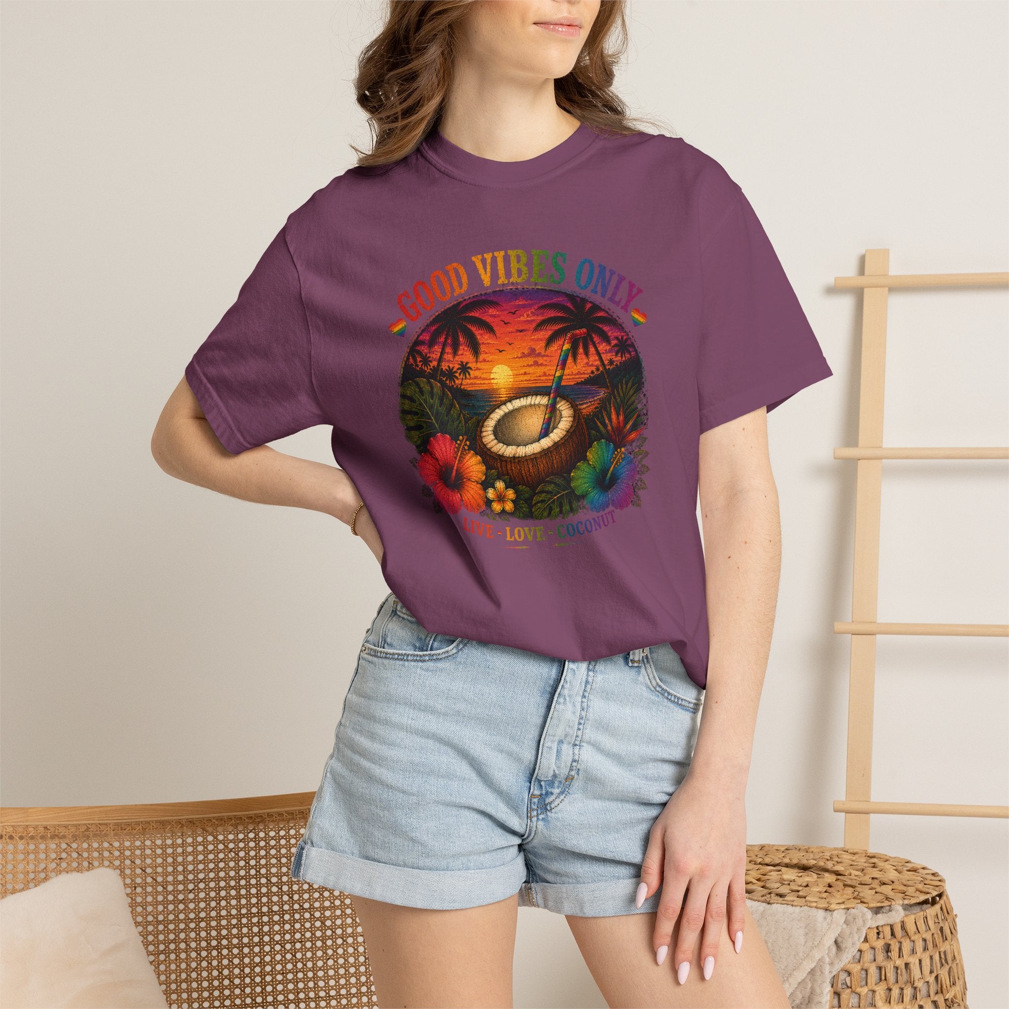 Good Vibes Only T-Shirt — Tropical Sunset Coconut Beach Tee