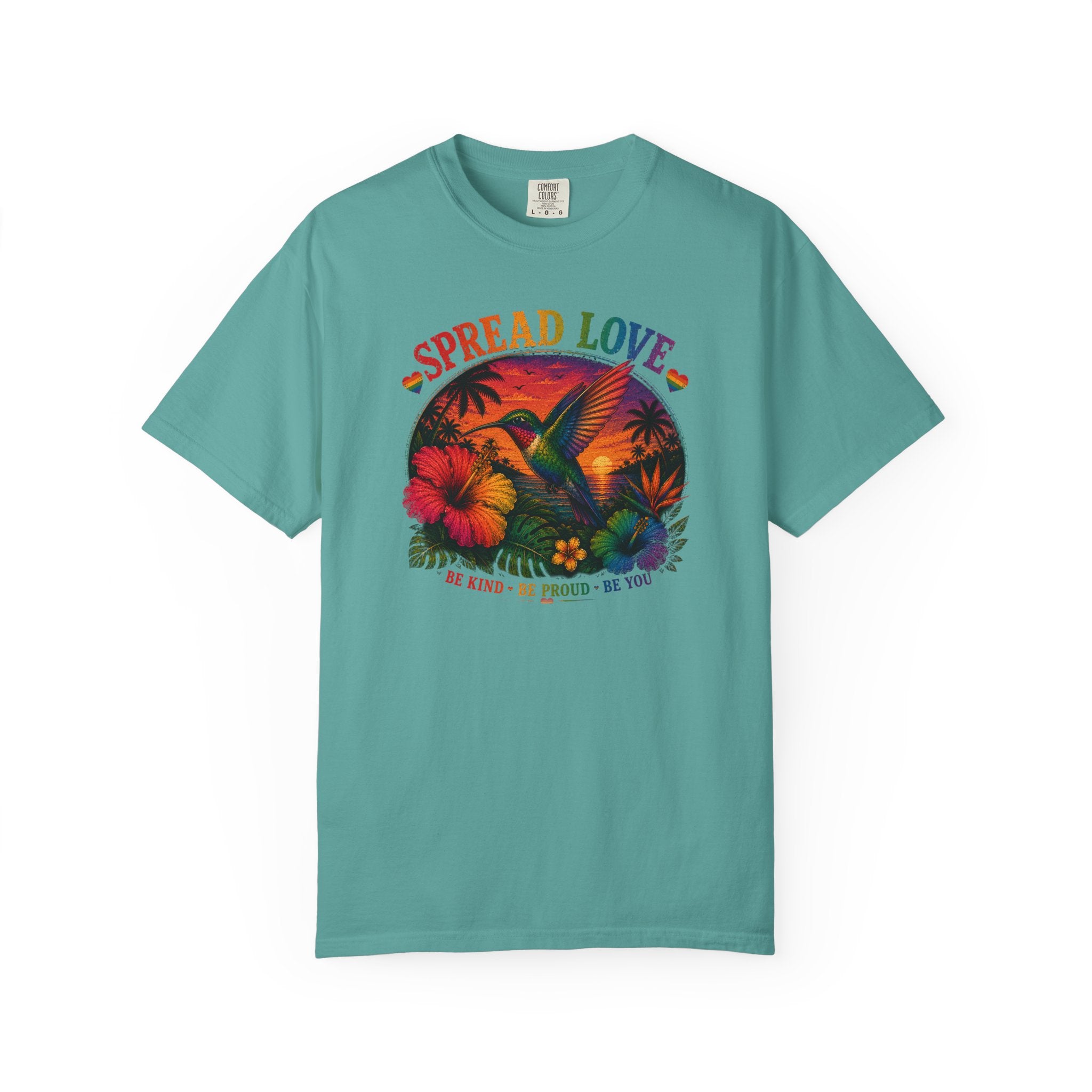 Spread Love T-Shirt — Retro Hummingbird Sunset Floral Tee (Be Kind • Be Proud • Be You)
