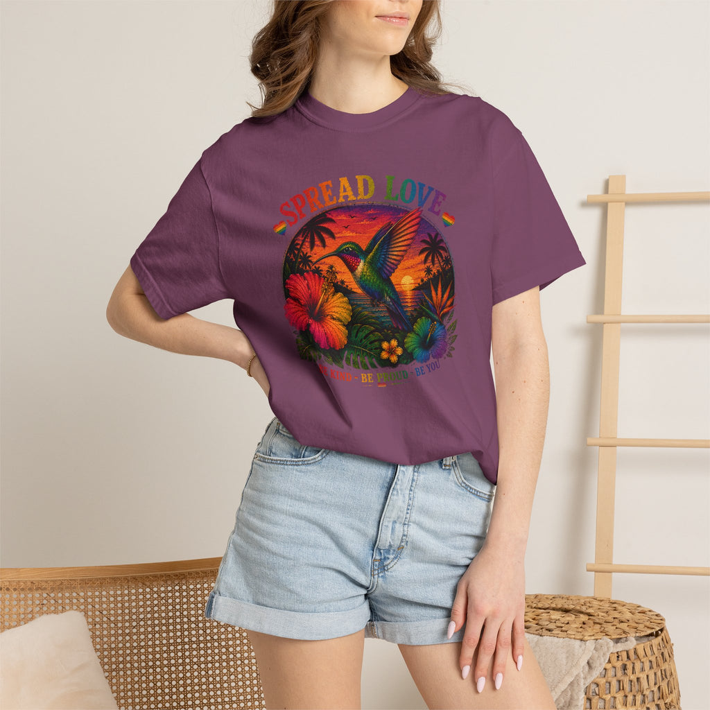 Spread Love T-Shirt — Retro Hummingbird Sunset Floral Tee (Be Kind • Be Proud • Be You)