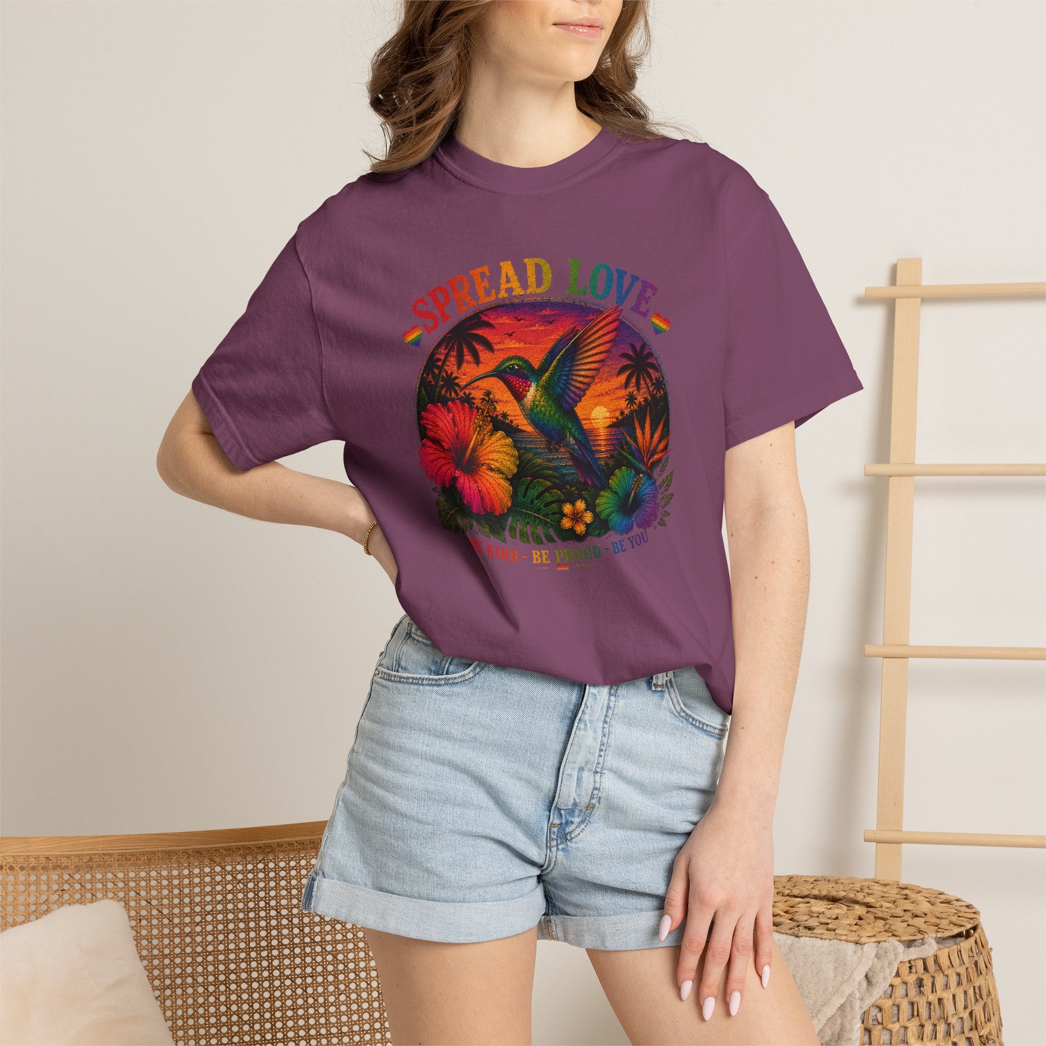 Spread Love T-Shirt — Retro Hummingbird Sunset Floral Tee (Be Kind • Be Proud • Be You)