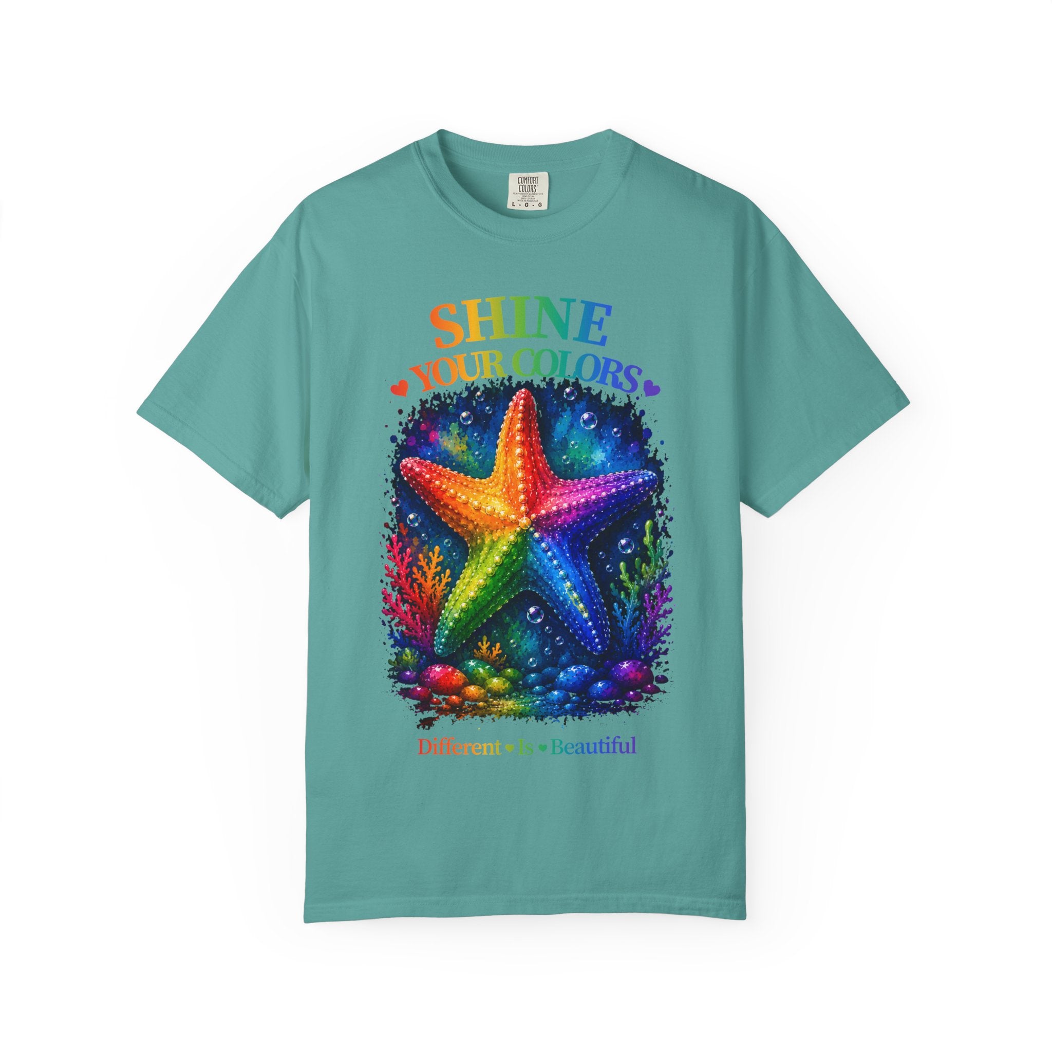 Shine Your Colors Starfish T-Shirt — "Different is Beautiful" Rainbow Ocean Tee