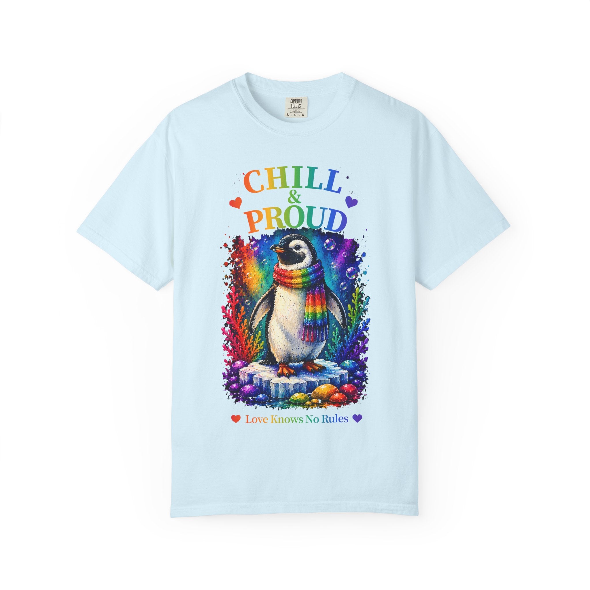 Chill & Proud Penguin T-Shirt — Rainbow LGBTQ+ Pride Tee (Love Knows No Rules)