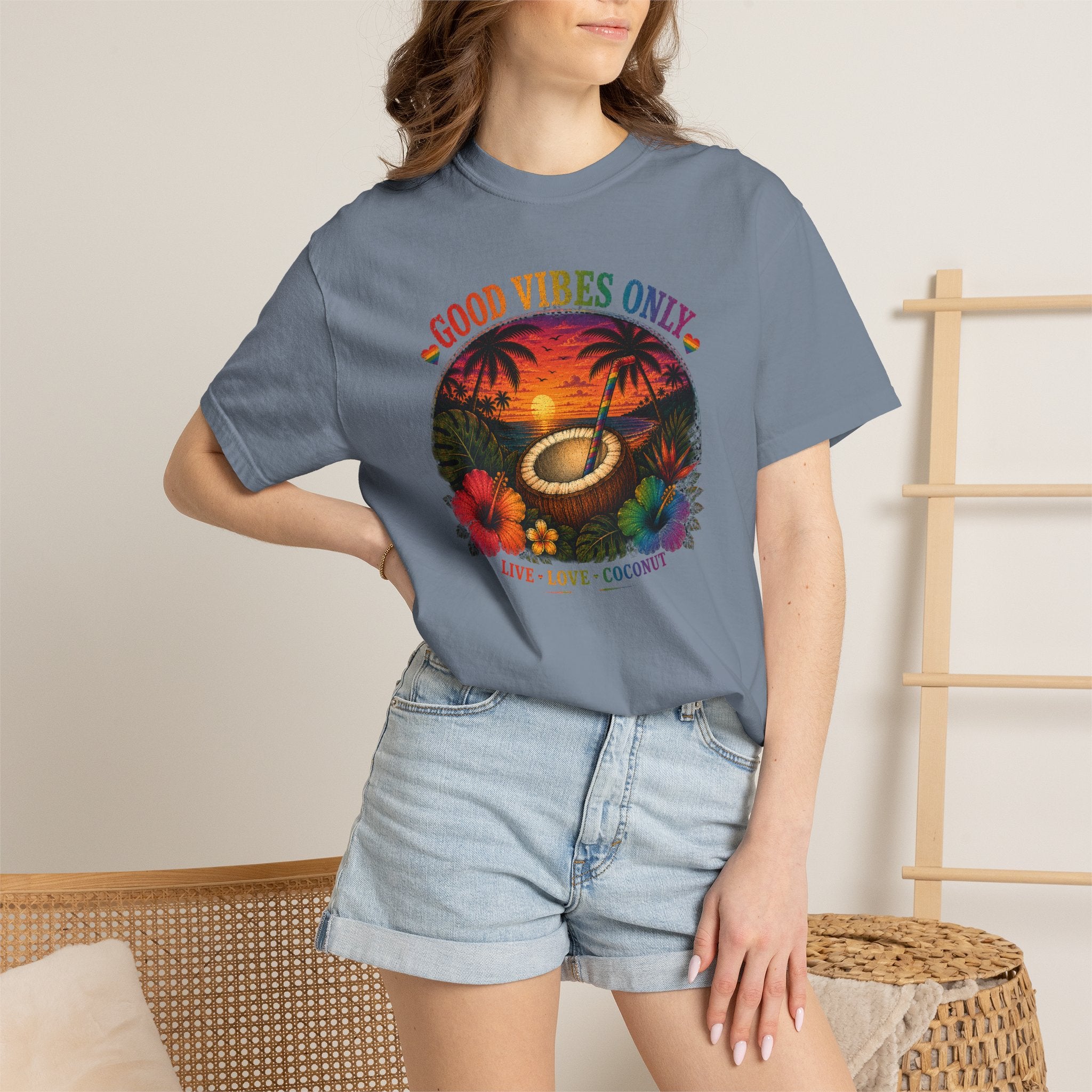 Good Vibes Only T-Shirt — Tropical Sunset Coconut Beach Tee