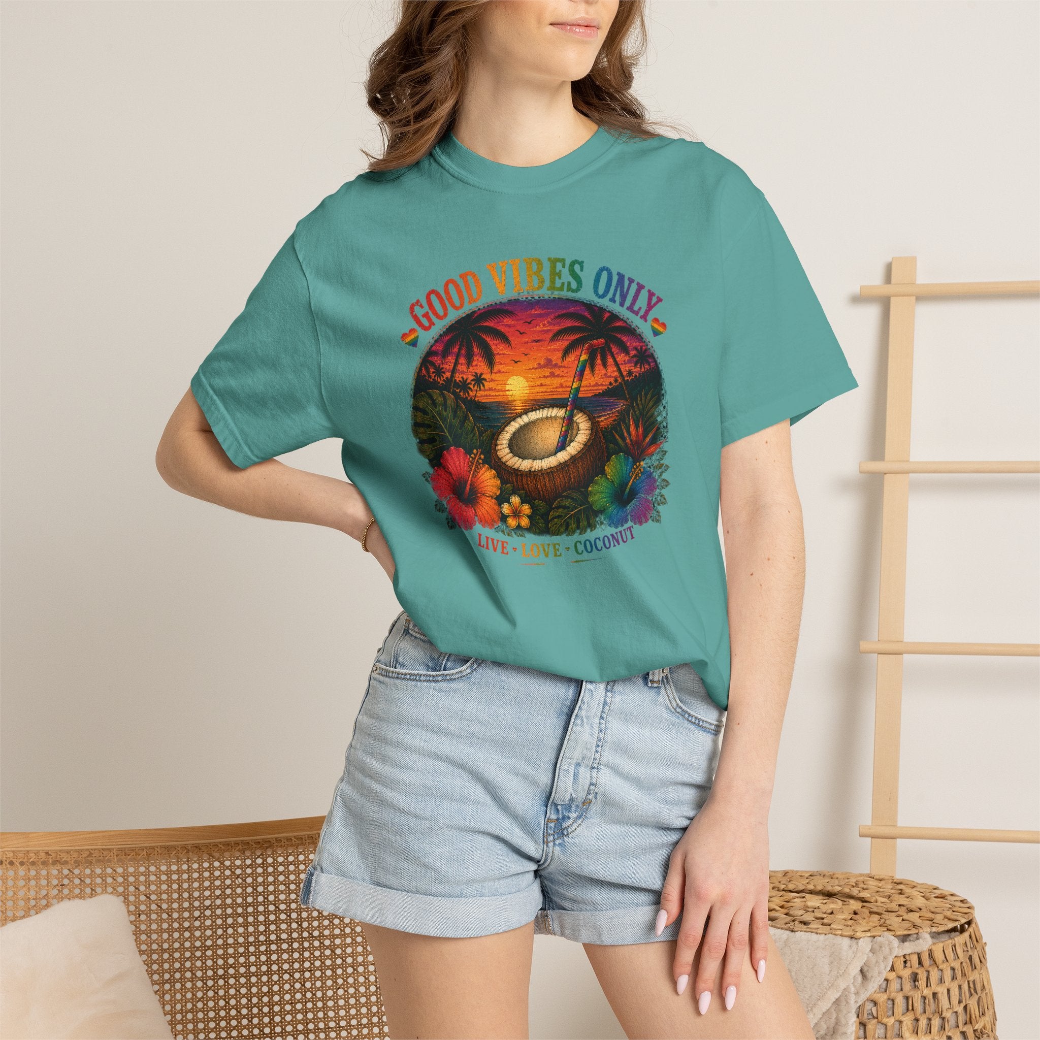 Good Vibes Only T-Shirt — Tropical Sunset Coconut Beach Tee