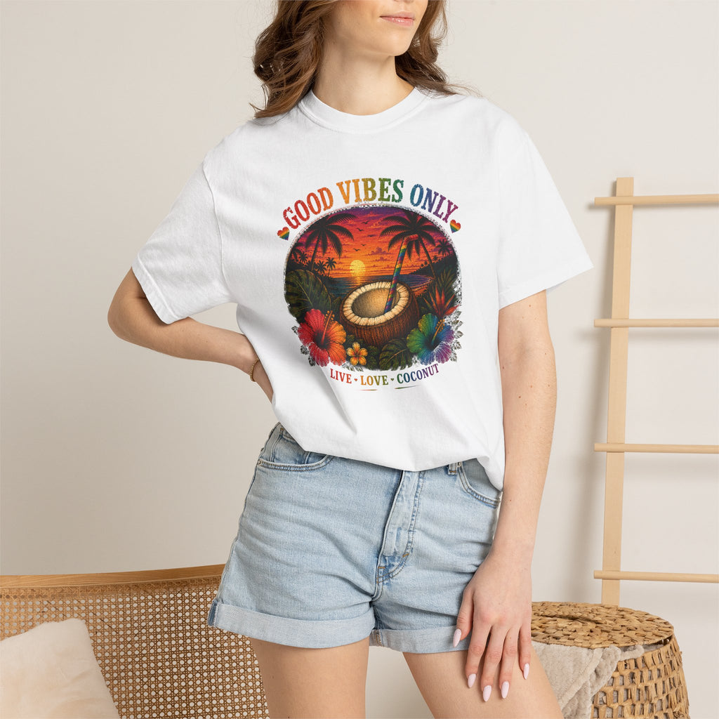 Good Vibes Only T-Shirt — Tropical Sunset Coconut Beach Tee