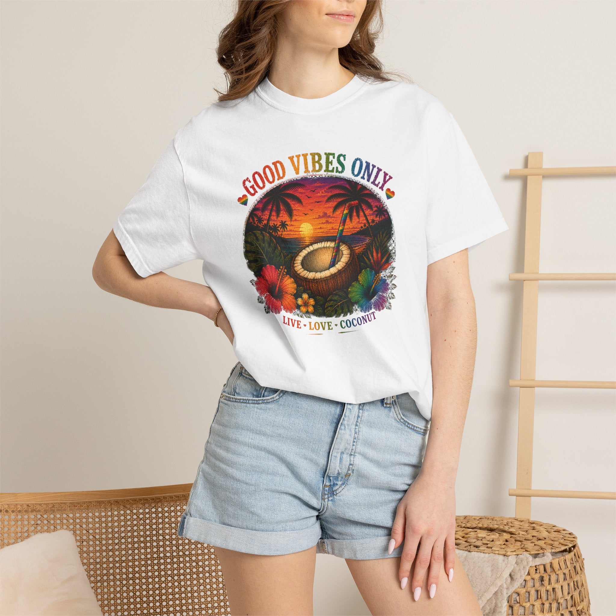 Good Vibes Only T-Shirt — Tropical Sunset Coconut Beach Tee