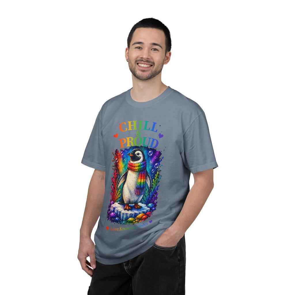Chill & Proud Penguin T-Shirt — Rainbow LGBTQ+ Pride Tee (Love Knows No Rules)