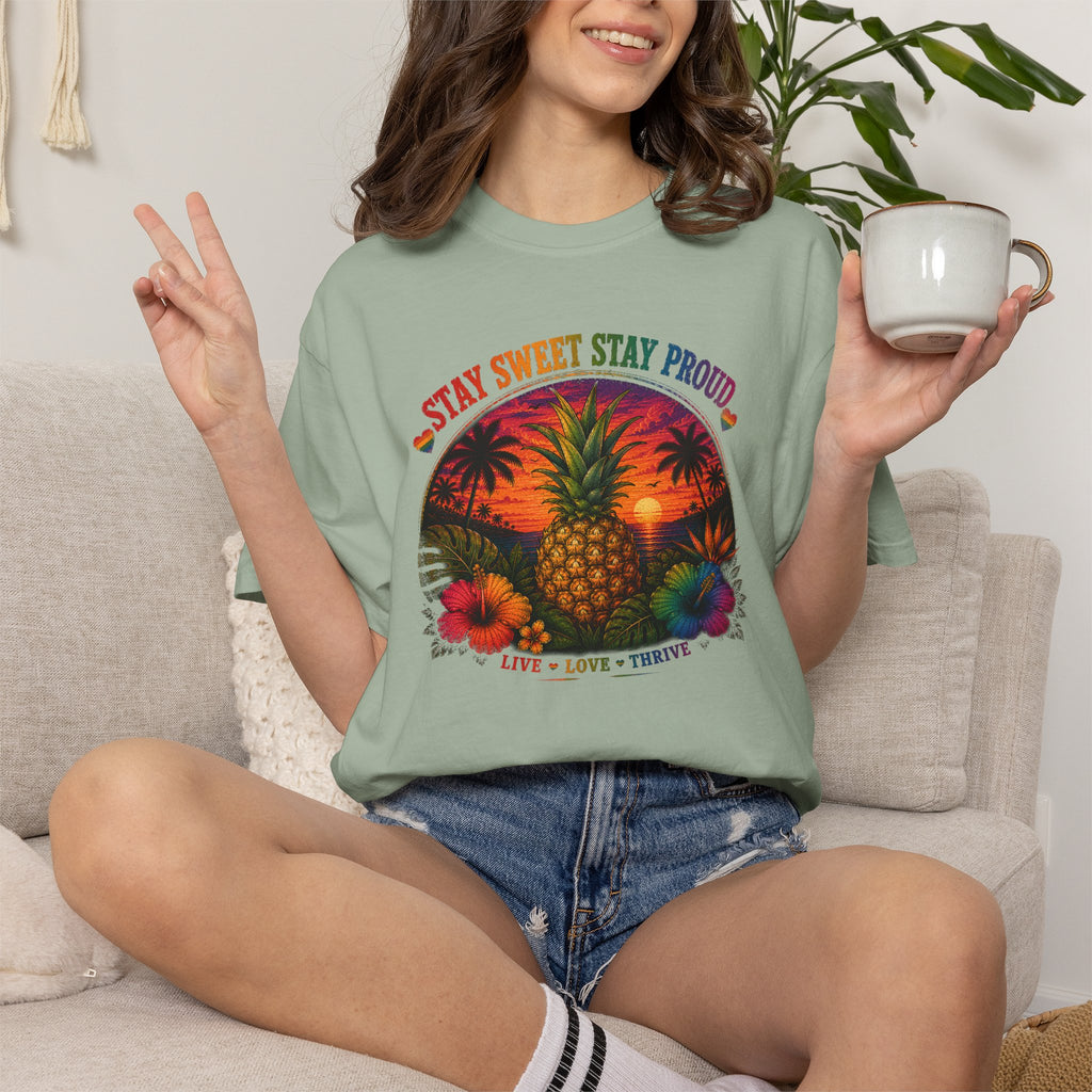 Pineapple Sunset T‑Shirt — “Stay Sweet Stay Proud” Tropical Graphic Tee