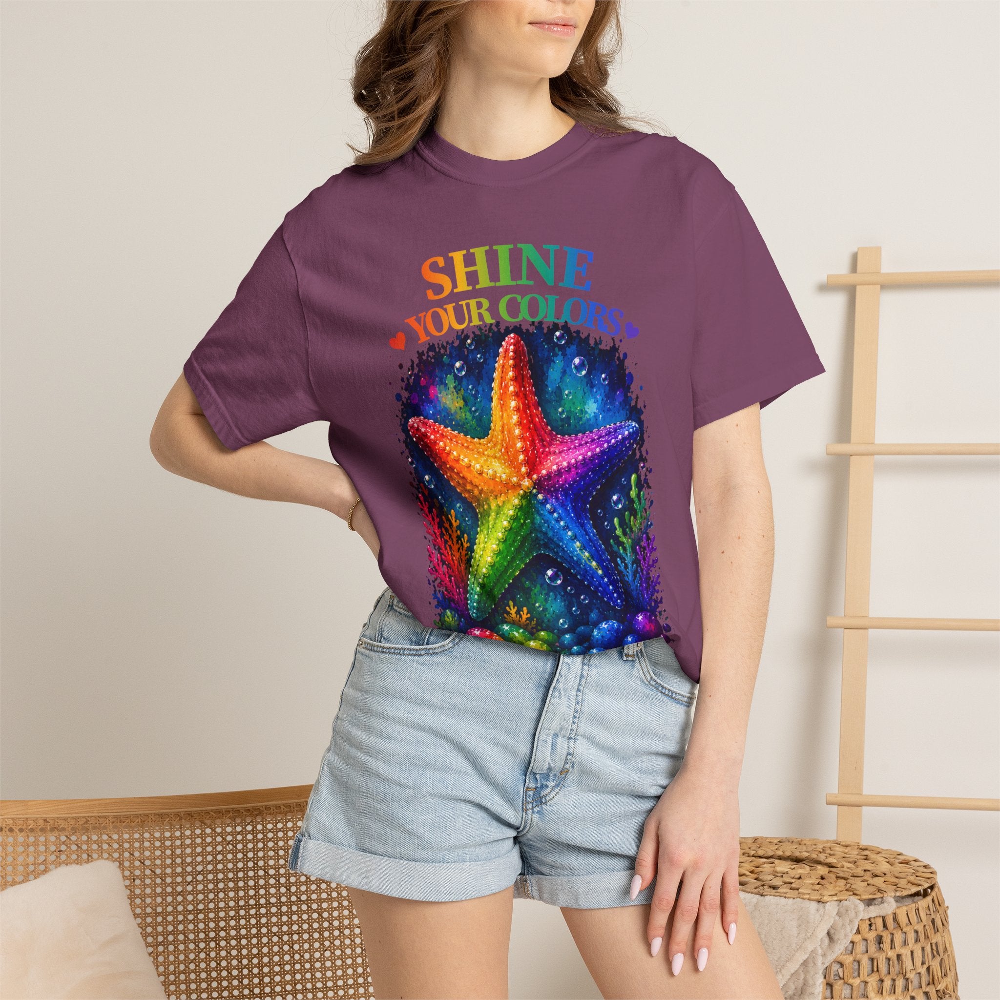 Shine Your Colors Starfish T-Shirt — "Different is Beautiful" Rainbow Ocean Tee