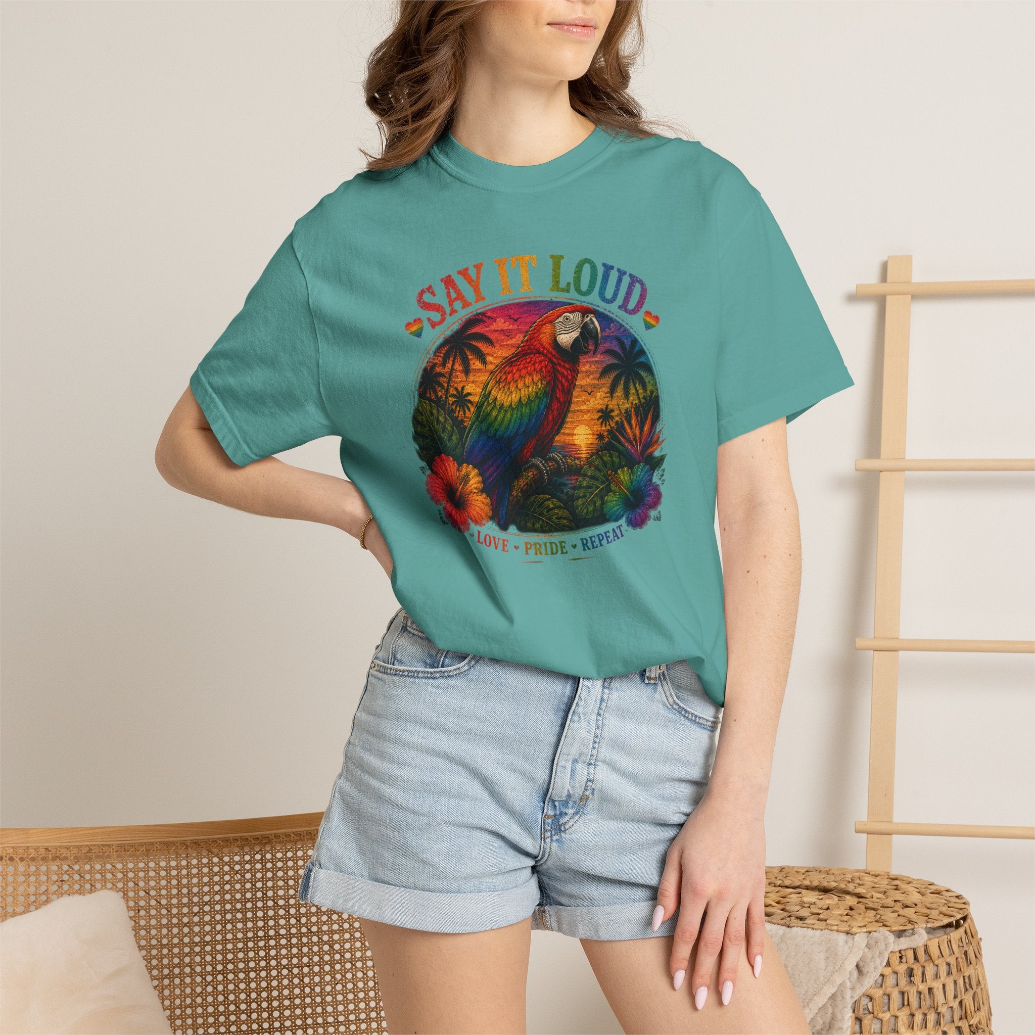 Say It Loud Parrot T-Shirt — Tropical Pride "Love • Pride • Repeat"