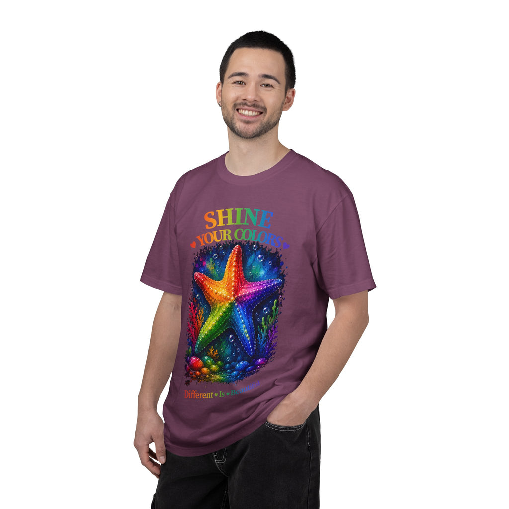 Shine Your Colors Starfish T-Shirt — "Different is Beautiful" Rainbow Ocean Tee