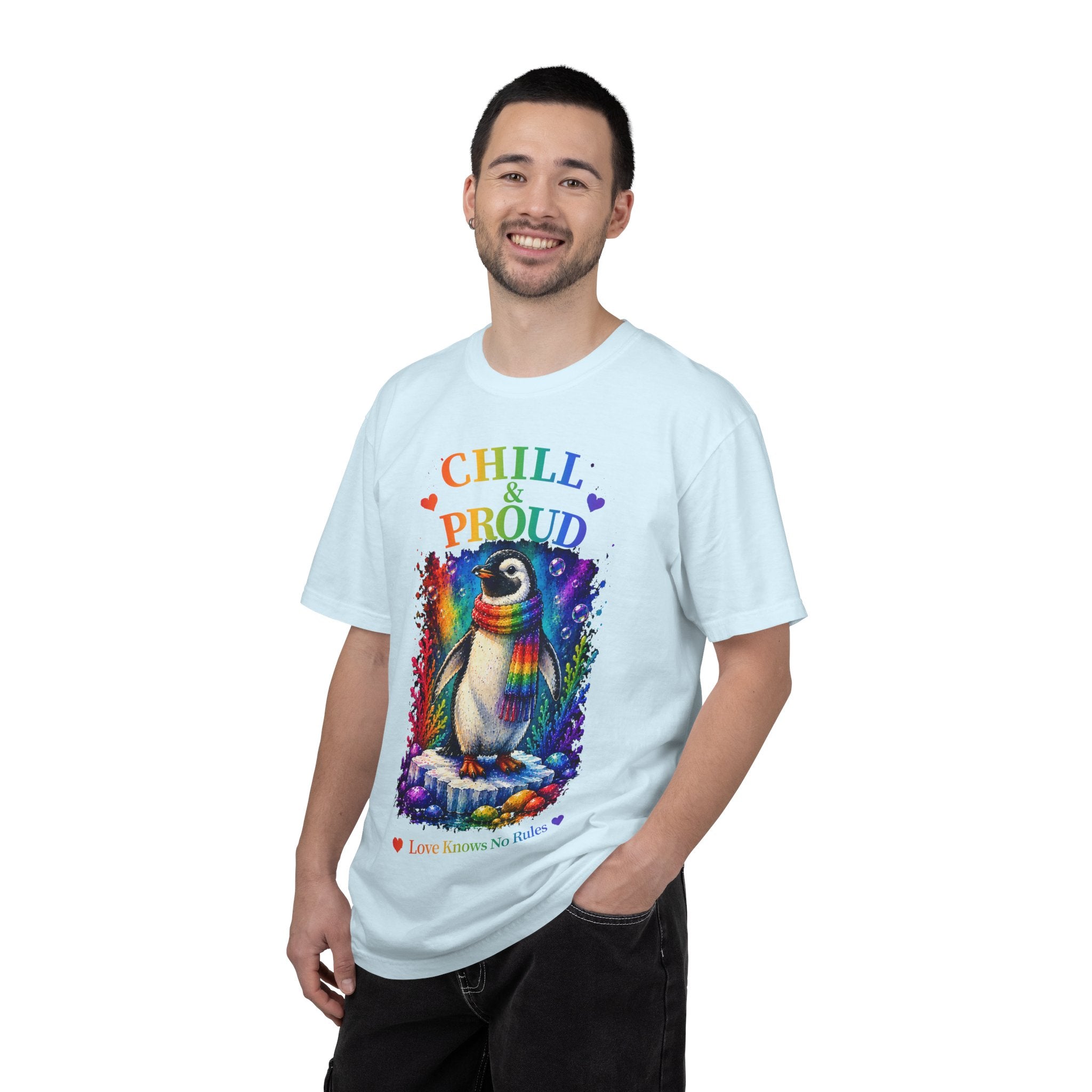 Chill & Proud Penguin T-Shirt — Rainbow LGBTQ+ Pride Tee (Love Knows No Rules)