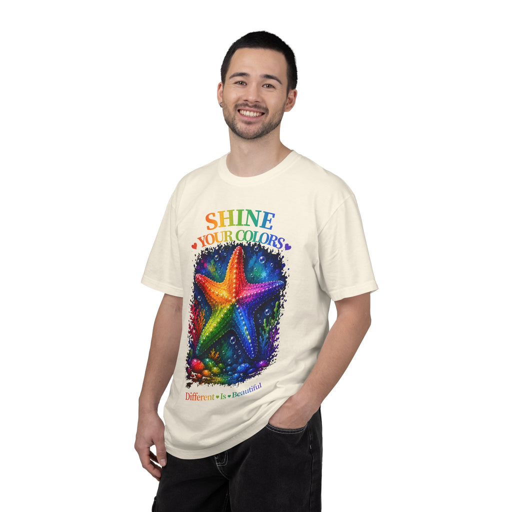 Shine Your Colors Starfish T-Shirt — "Different is Beautiful" Rainbow Ocean Tee