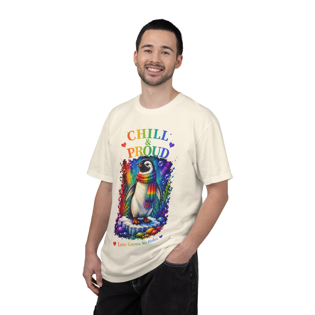 Chill & Proud Penguin T-Shirt — Rainbow LGBTQ+ Pride Tee (Love Knows No Rules)