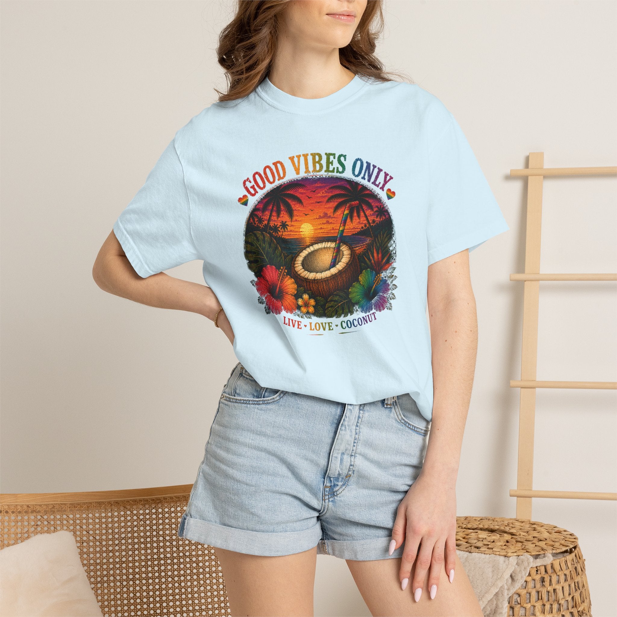 Good Vibes Only T-Shirt — Tropical Sunset Coconut Beach Tee