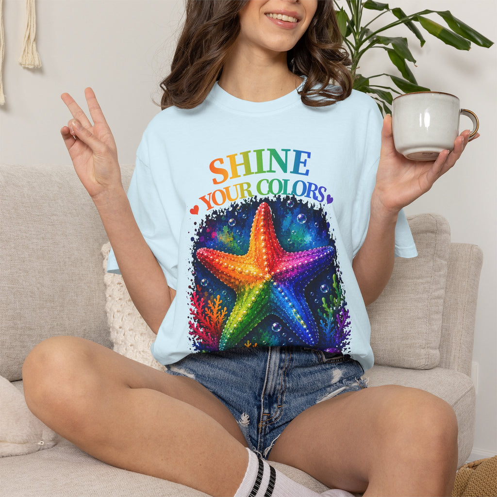 Shine Your Colors Starfish T-Shirt — "Different is Beautiful" Rainbow Ocean Tee
