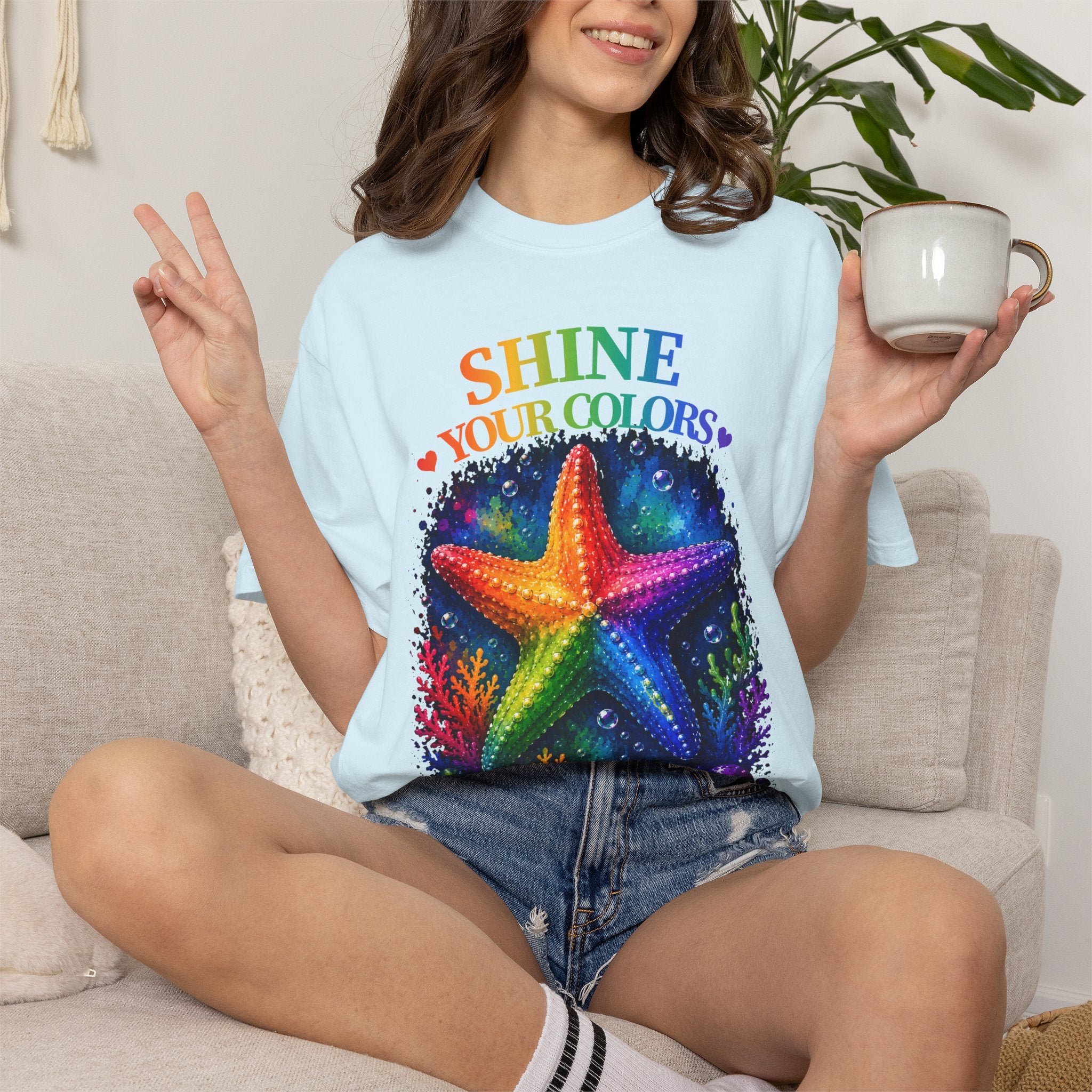 Shine Your Colors Starfish T-Shirt — "Different is Beautiful" Rainbow Ocean Tee