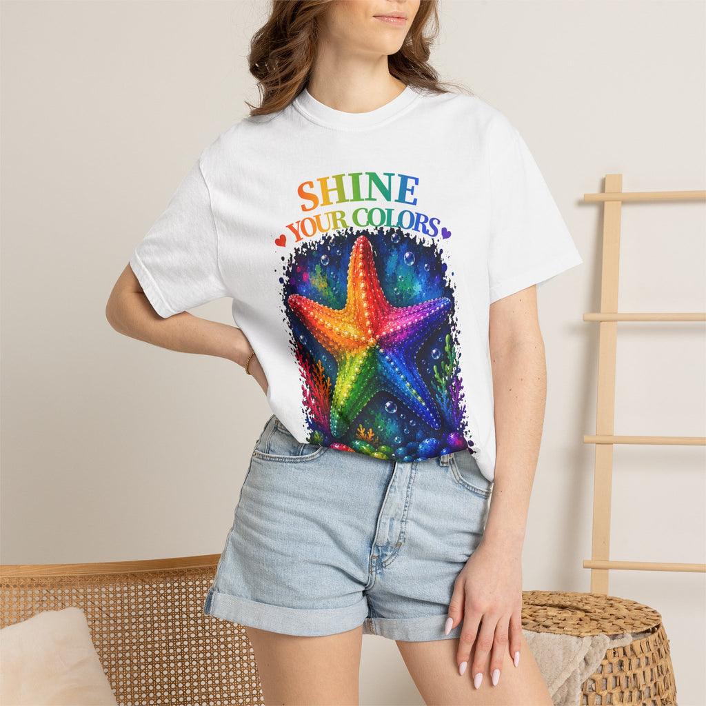Shine Your Colors Starfish T-Shirt — "Different is Beautiful" Rainbow Ocean Tee