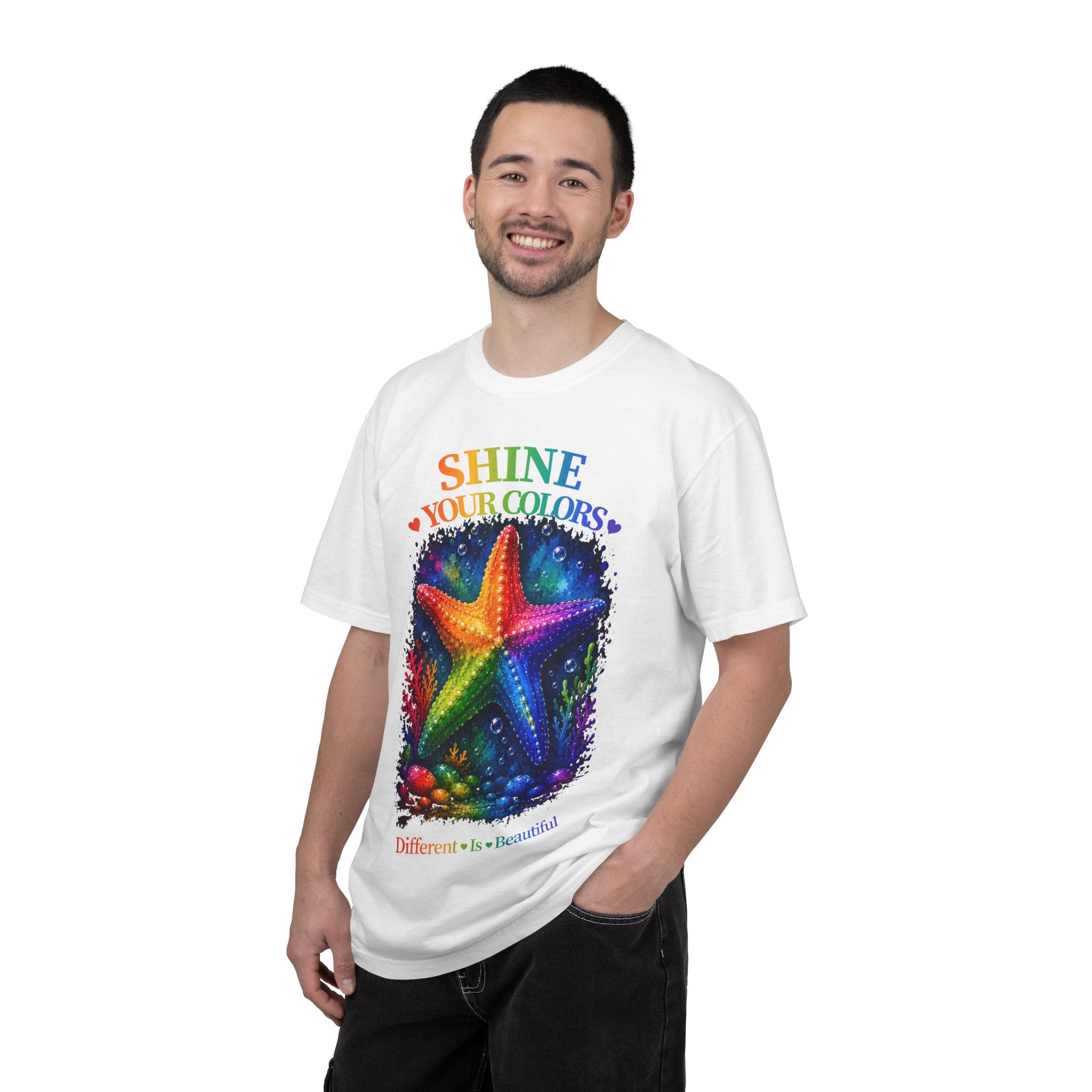 Shine Your Colors Starfish T-Shirt — "Different is Beautiful" Rainbow Ocean Tee