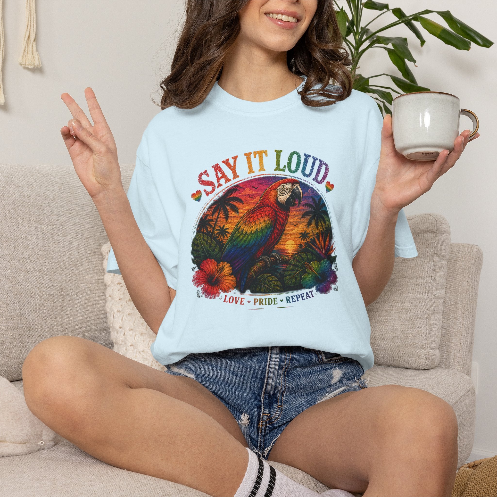 Say It Loud Parrot T-Shirt — Tropical Pride "Love • Pride • Repeat"