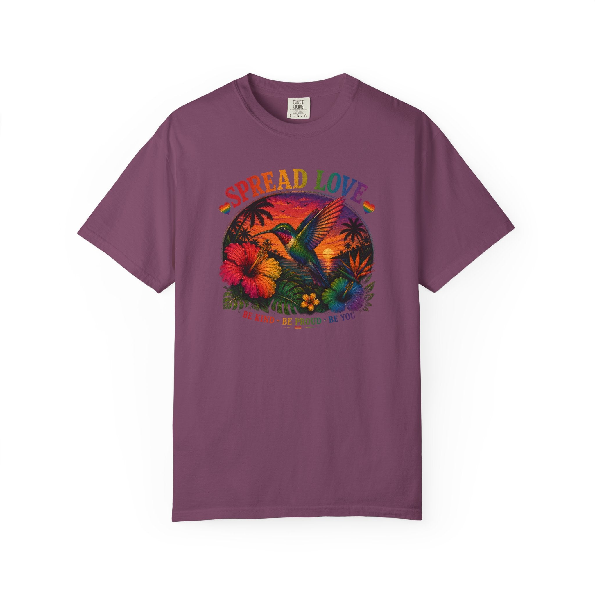 Spread Love T-Shirt — Retro Hummingbird Sunset Floral Tee (Be Kind • Be Proud • Be You)