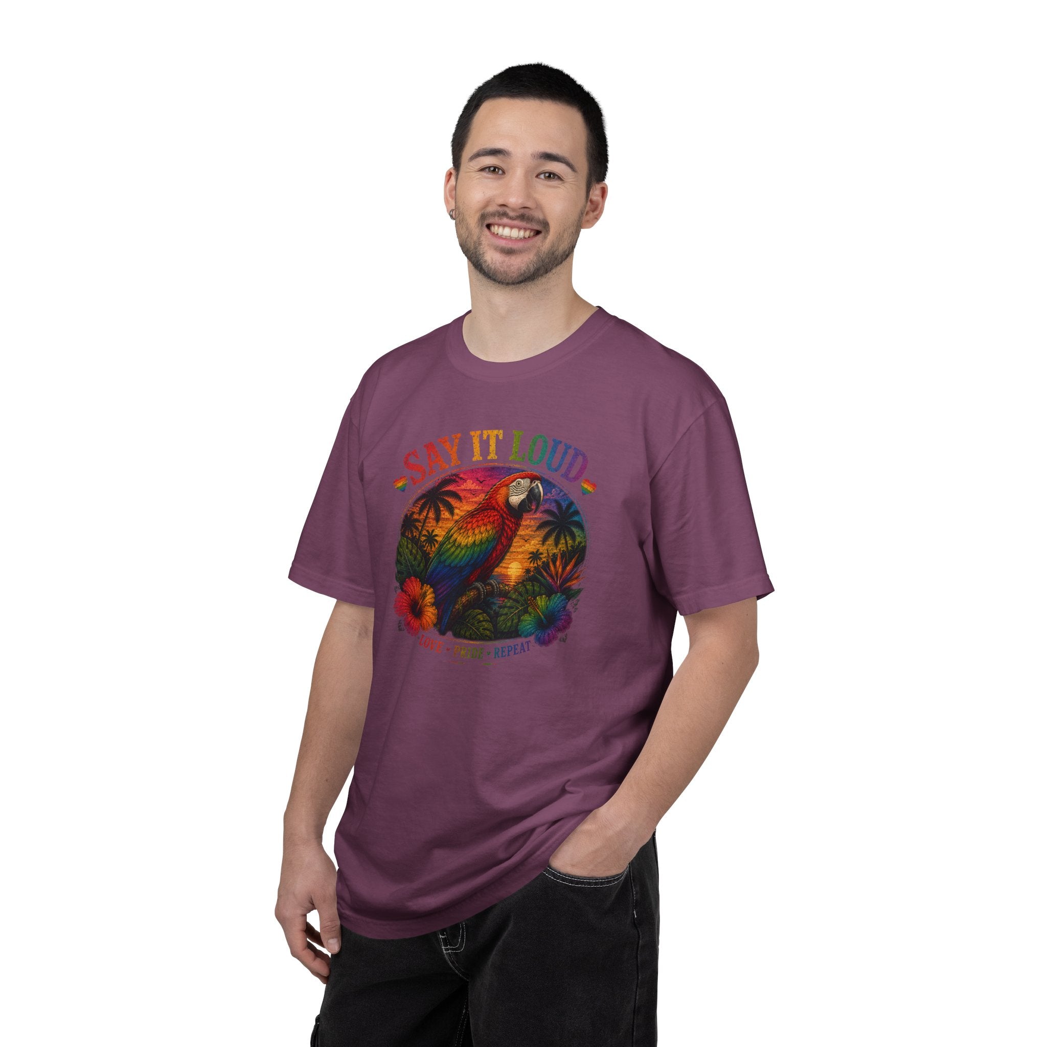 Say It Loud Parrot T-Shirt — Tropical Pride "Love • Pride • Repeat"