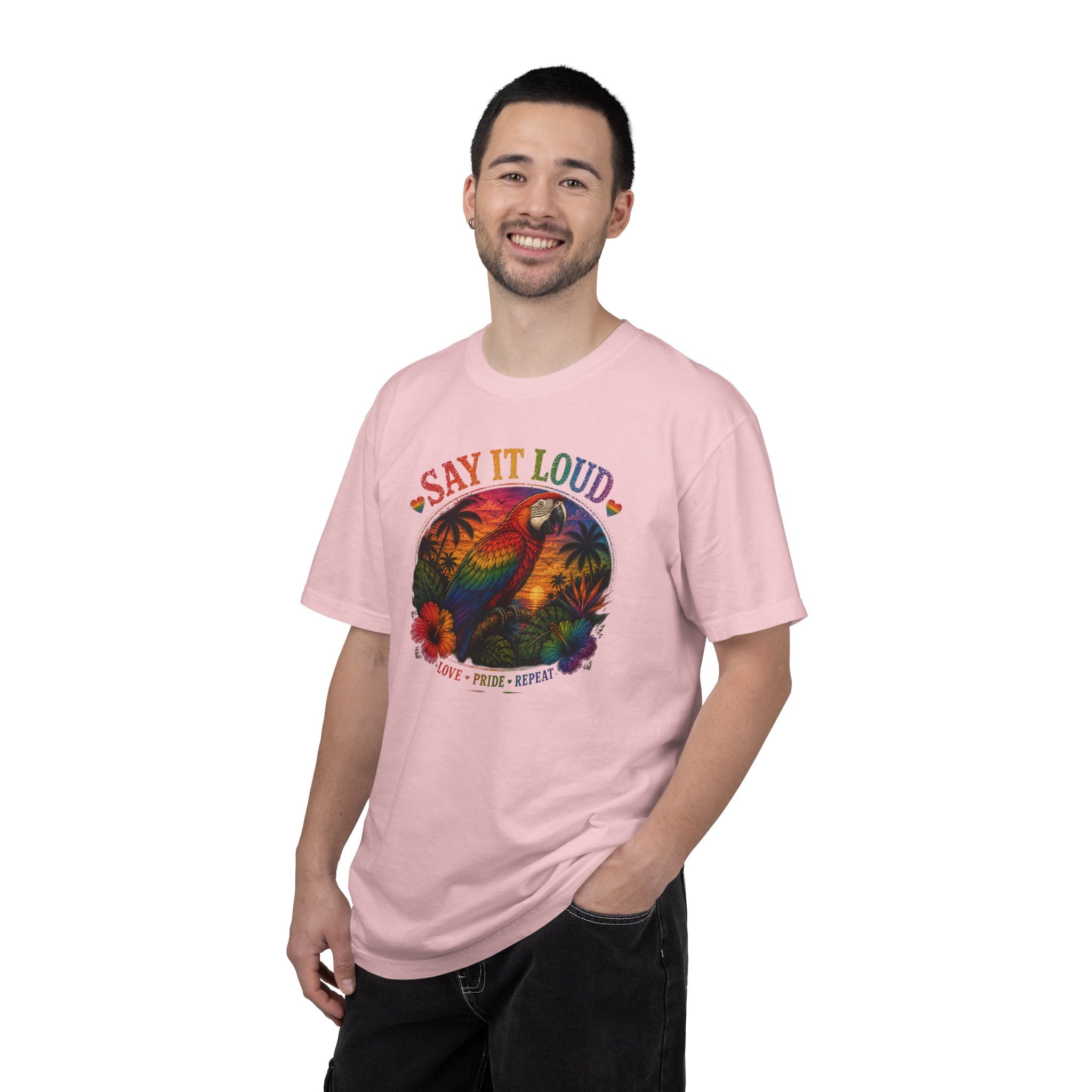 Say It Loud Parrot T-Shirt — Tropical Pride "Love • Pride • Repeat"