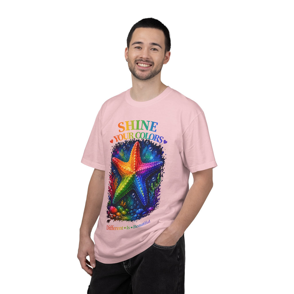 Shine Your Colors Starfish T-Shirt — "Different is Beautiful" Rainbow Ocean Tee