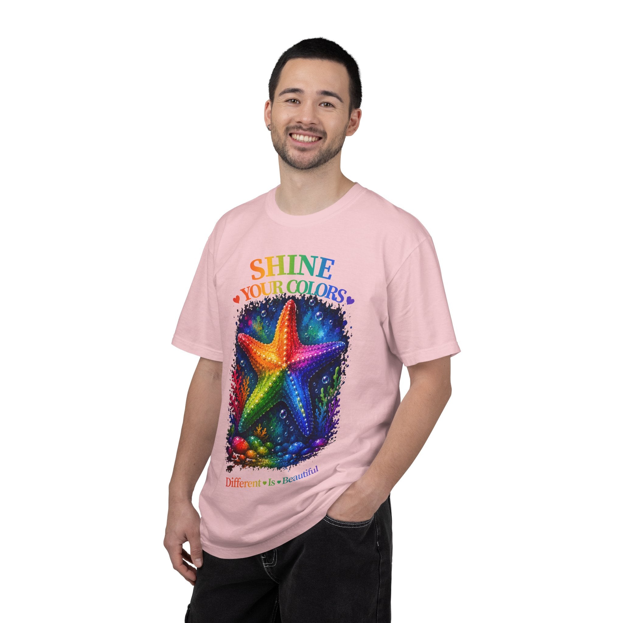 Shine Your Colors Starfish T-Shirt — "Different is Beautiful" Rainbow Ocean Tee