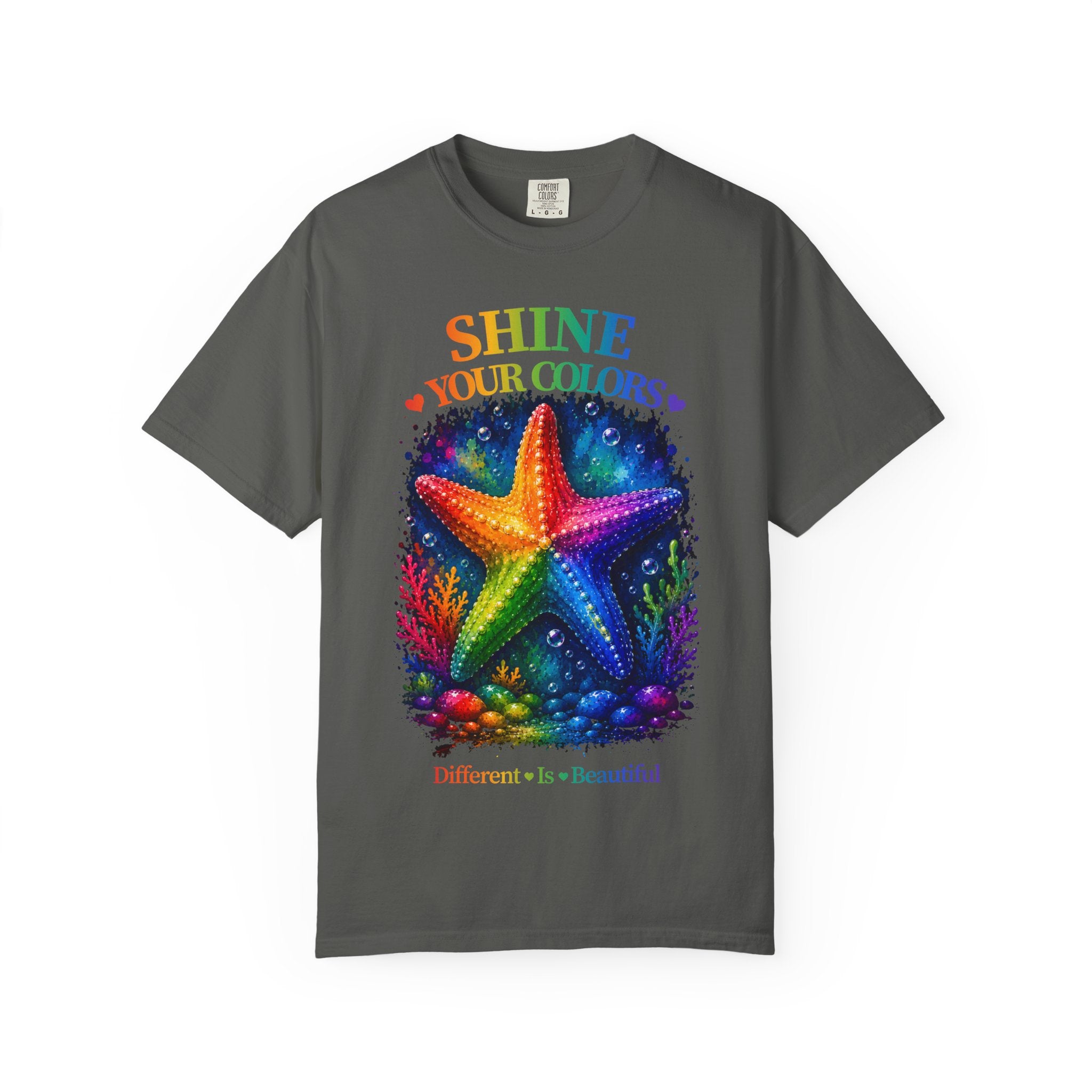 Shine Your Colors Starfish T-Shirt — "Different is Beautiful" Rainbow Ocean Tee