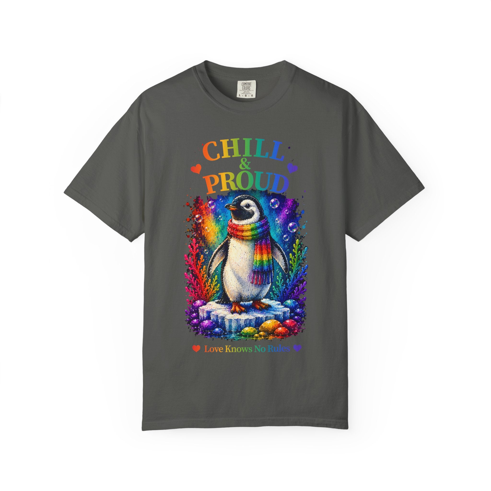 Chill & Proud Penguin T-Shirt — Rainbow LGBTQ+ Pride Tee (Love Knows No Rules)