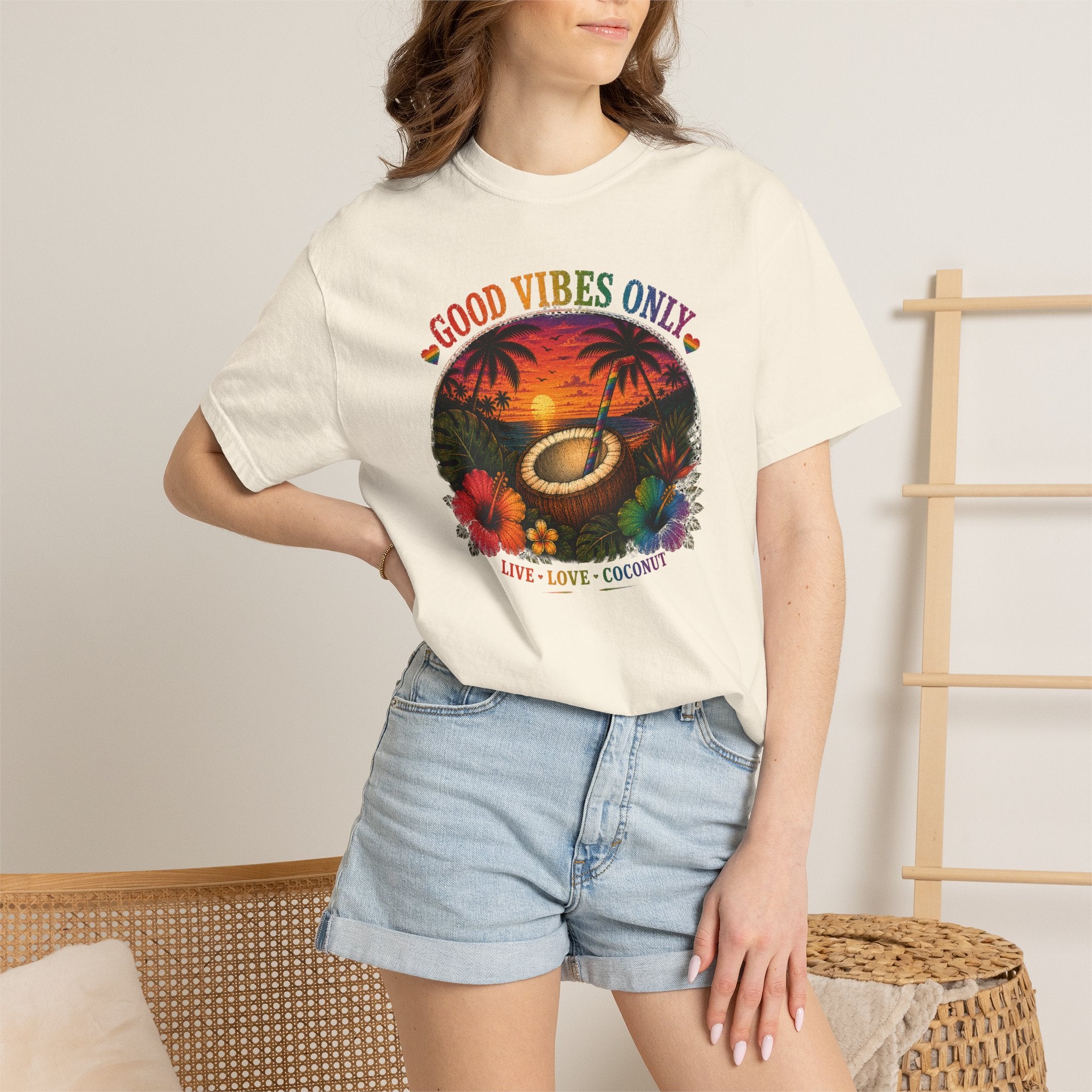 Good Vibes Only T-Shirt — Tropical Sunset Coconut Beach Tee