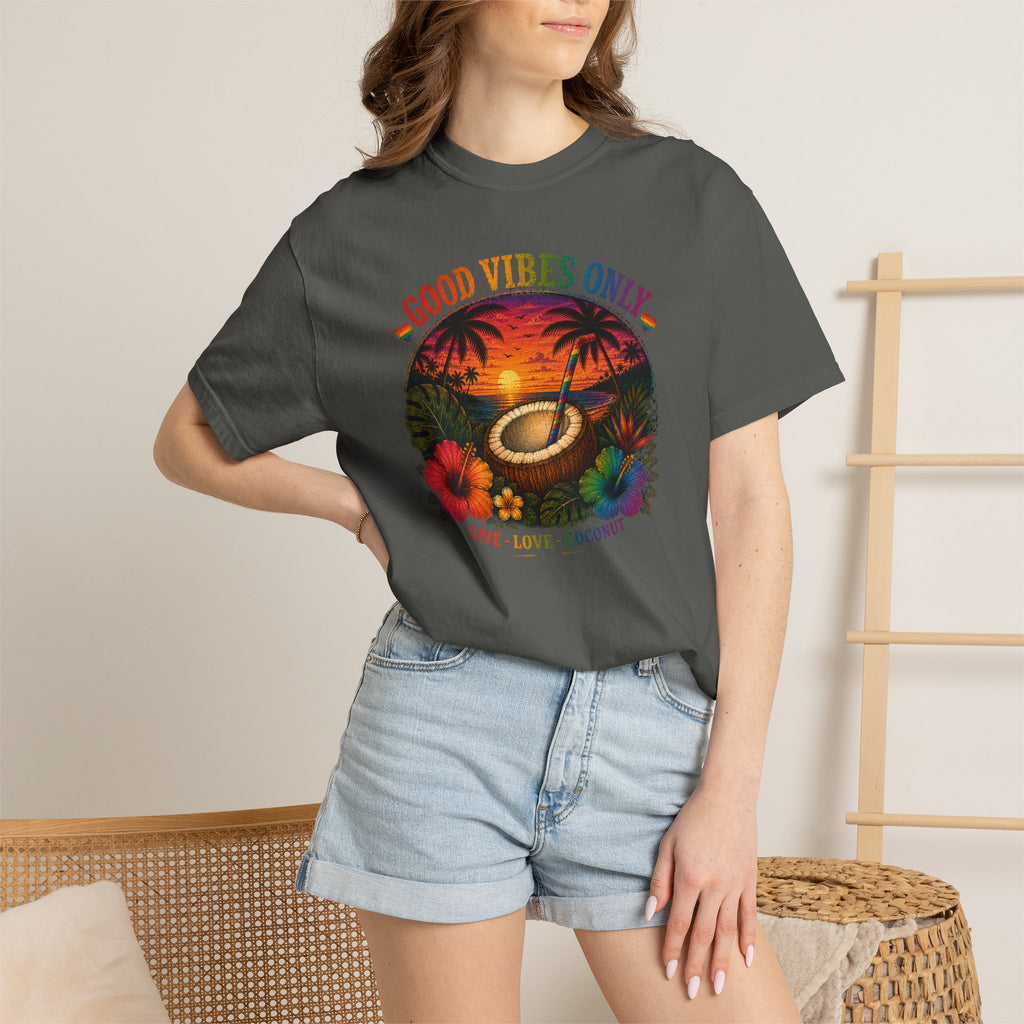 Good Vibes Only T-Shirt — Tropical Sunset Coconut Beach Tee