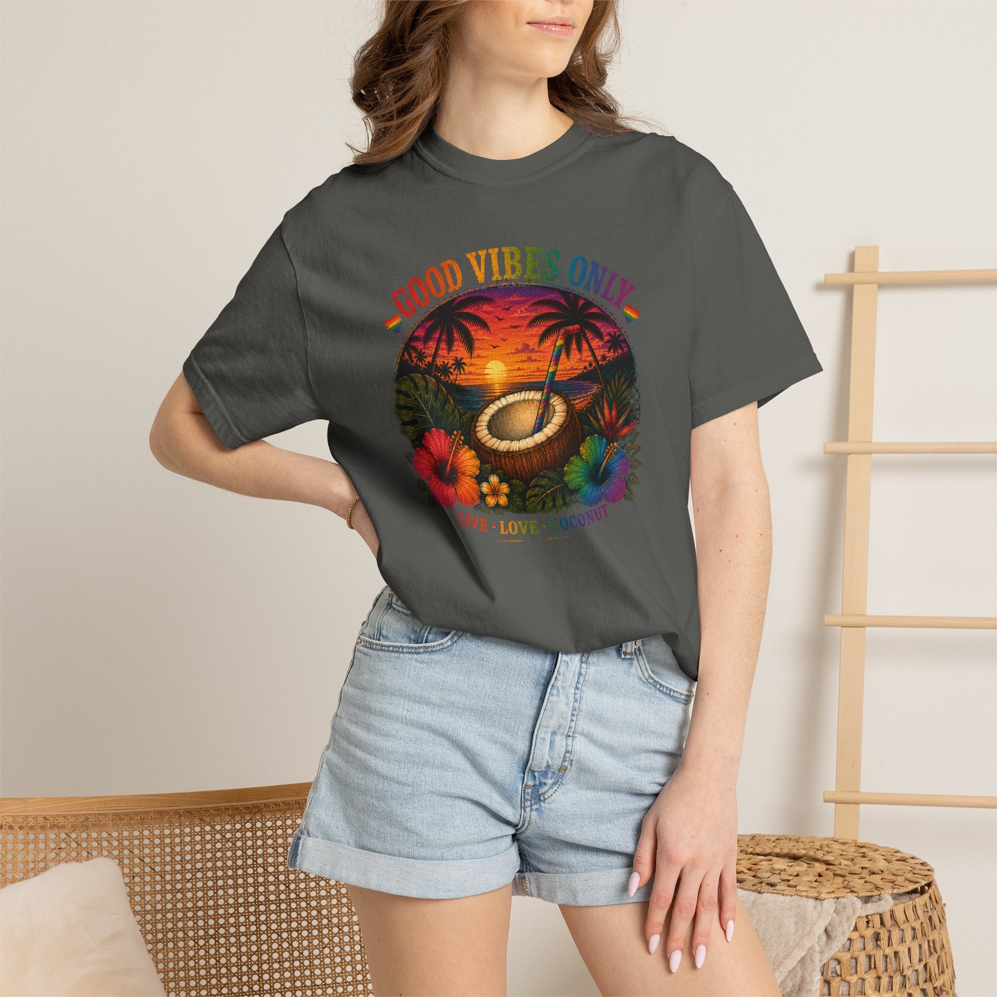 Good Vibes Only T-Shirt — Tropical Sunset Coconut Beach Tee