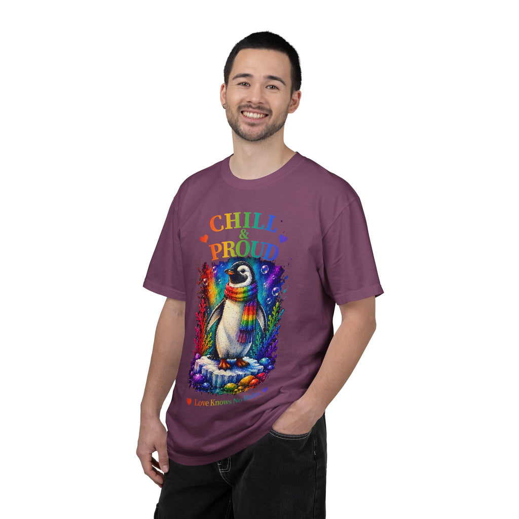 Chill & Proud Penguin T-Shirt — Rainbow LGBTQ+ Pride Tee (Love Knows No Rules)