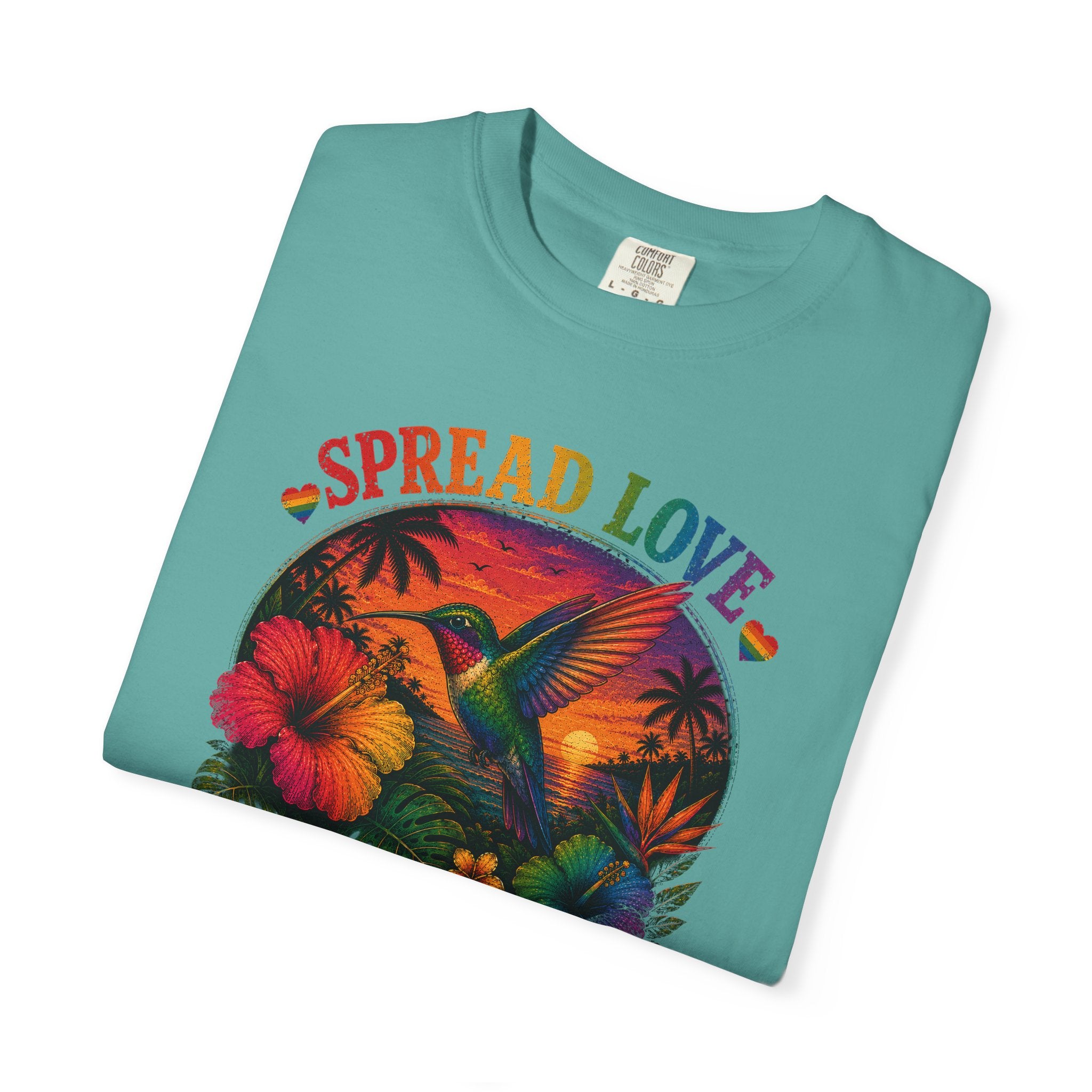 Spread Love T-Shirt — Retro Hummingbird Sunset Floral Tee (Be Kind • Be Proud • Be You)