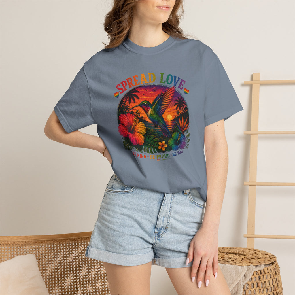 Spread Love T-Shirt — Retro Hummingbird Sunset Floral Tee (Be Kind • Be Proud • Be You)
