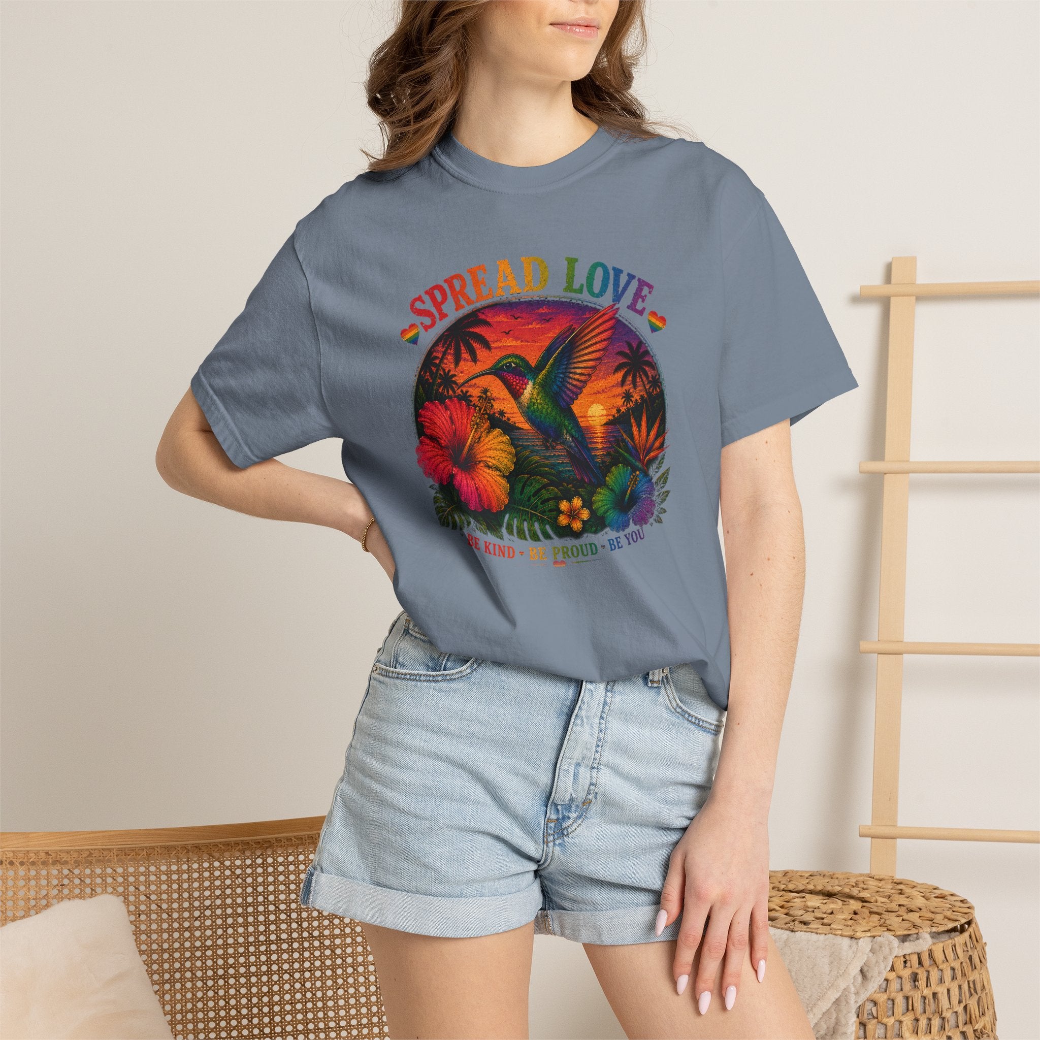 Spread Love T-Shirt — Retro Hummingbird Sunset Floral Tee (Be Kind • Be Proud • Be You)