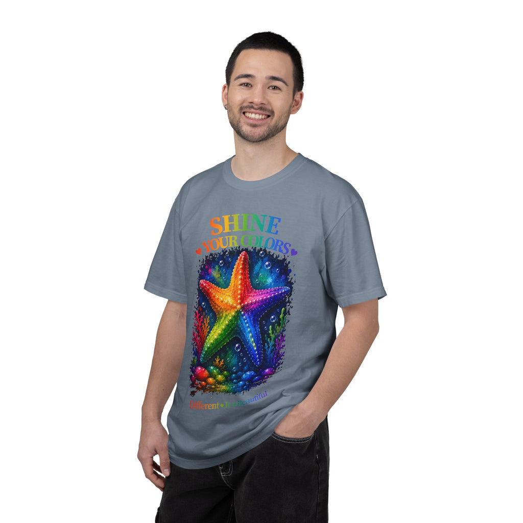 Shine Your Colors Starfish T-Shirt — "Different is Beautiful" Rainbow Ocean Tee