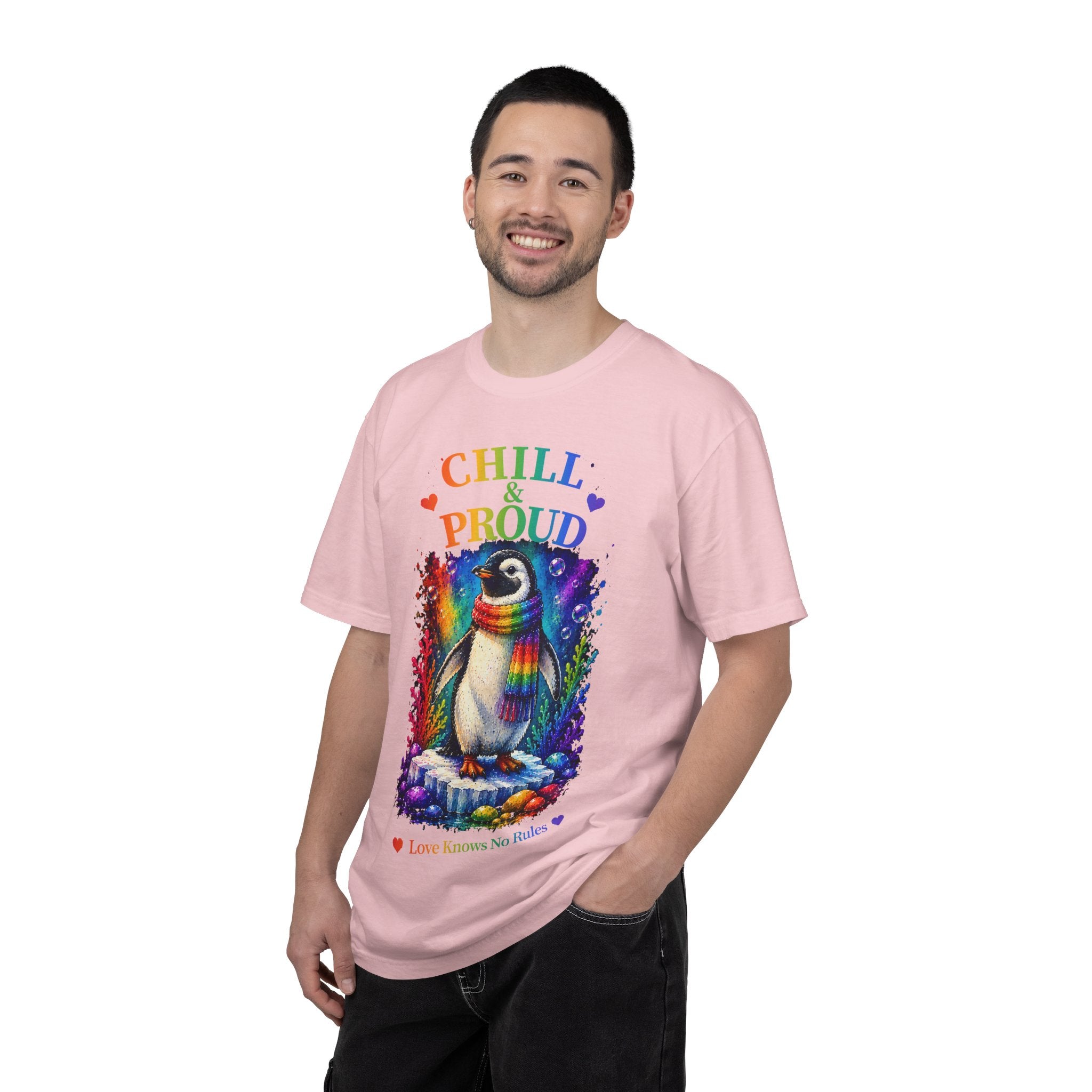 Chill & Proud Penguin T-Shirt — Rainbow LGBTQ+ Pride Tee (Love Knows No Rules)